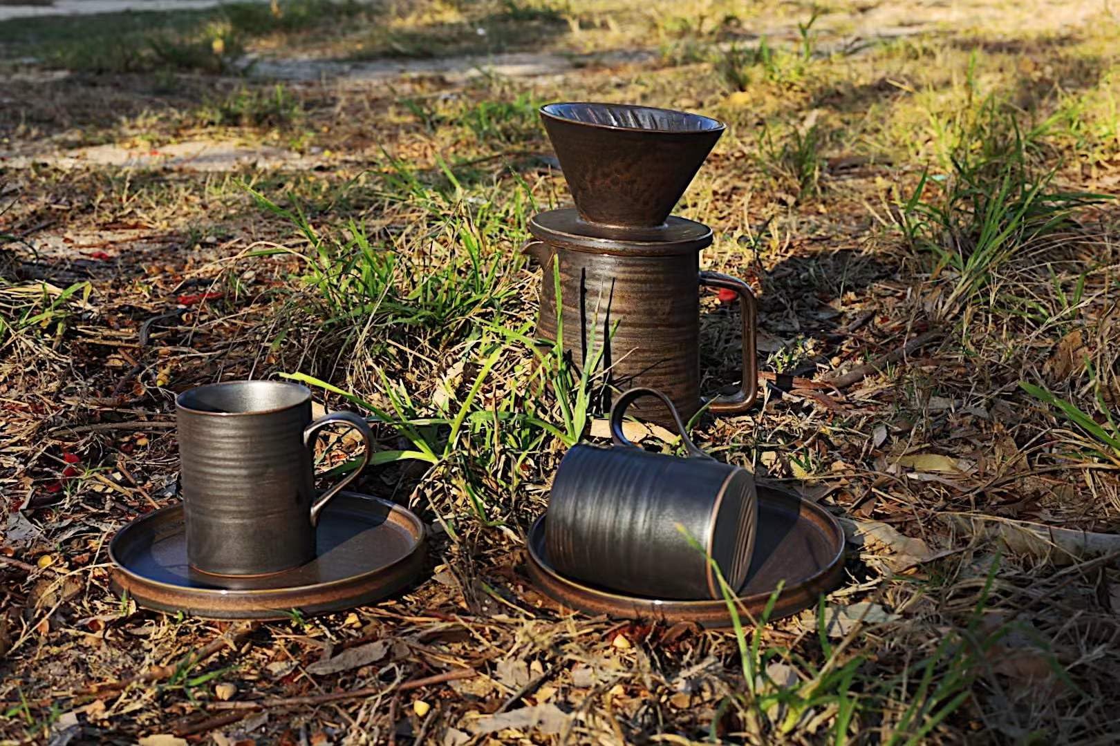 Handmade Stoneware Pour Over Coffee Maker Set with Dripper Cone Filter, 16oz Coffee Decanter & Espresso Cups - Retro Metallic Glazed Annular Veins Design for Home Brewing, Office Use & Gift Giving