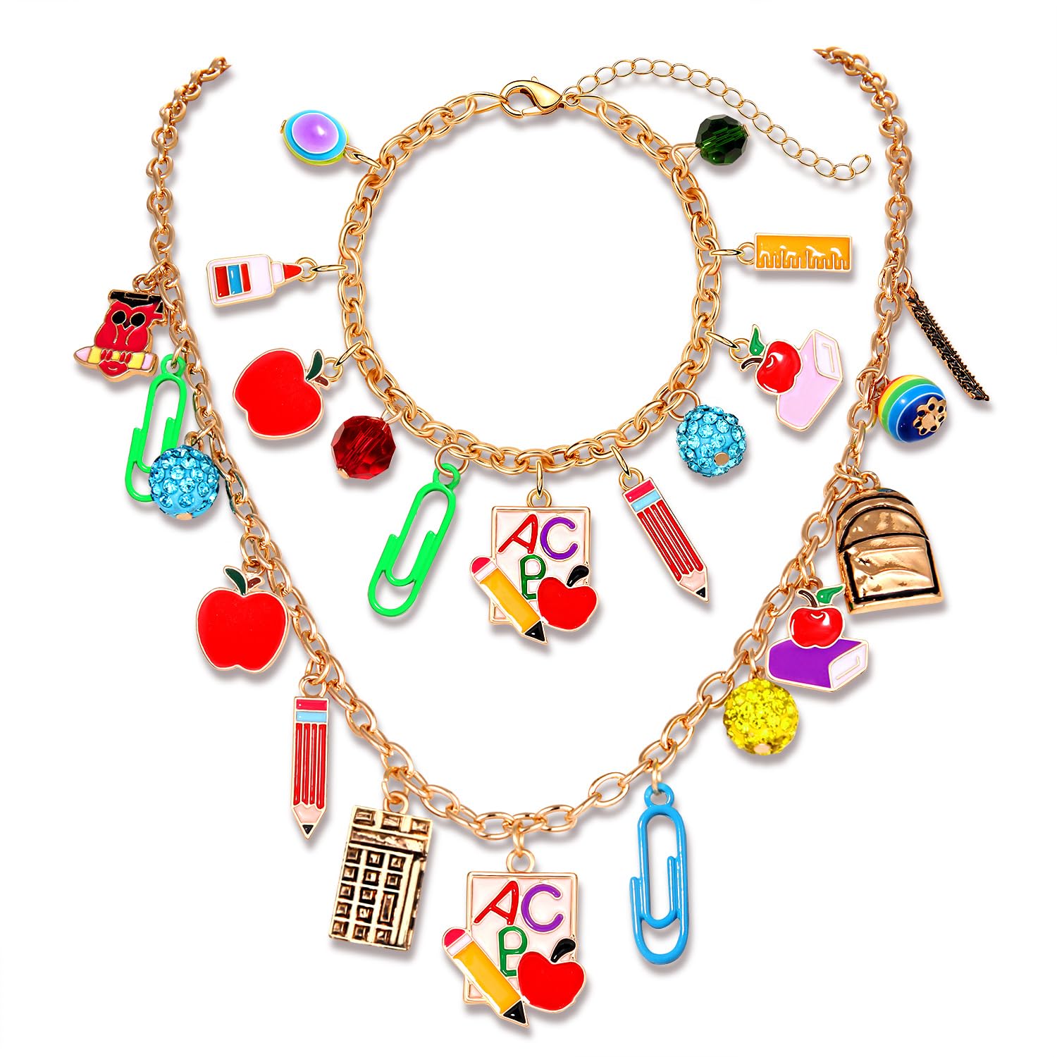 Teacher Jewelry Set - Apple Pencil Book Charm Necklace Earrings Bracelet for Women, Back to School Gifts