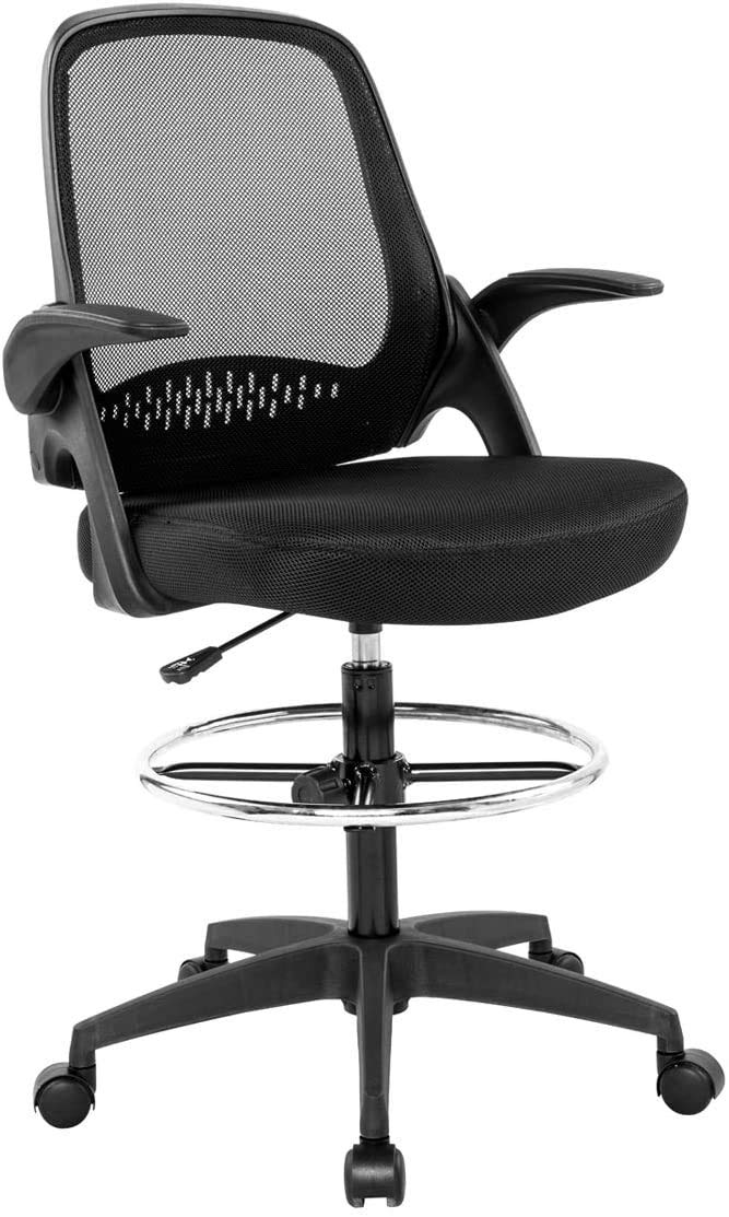 Ergonomic Drafting Chair with Flip-Up Arms & Footrest - Adjustable Height Swivel Rolling Office Chair for Standing Desk, Bar High Desk - Supports 250lbs - Perfect for Artists, Architects & Home Office Use