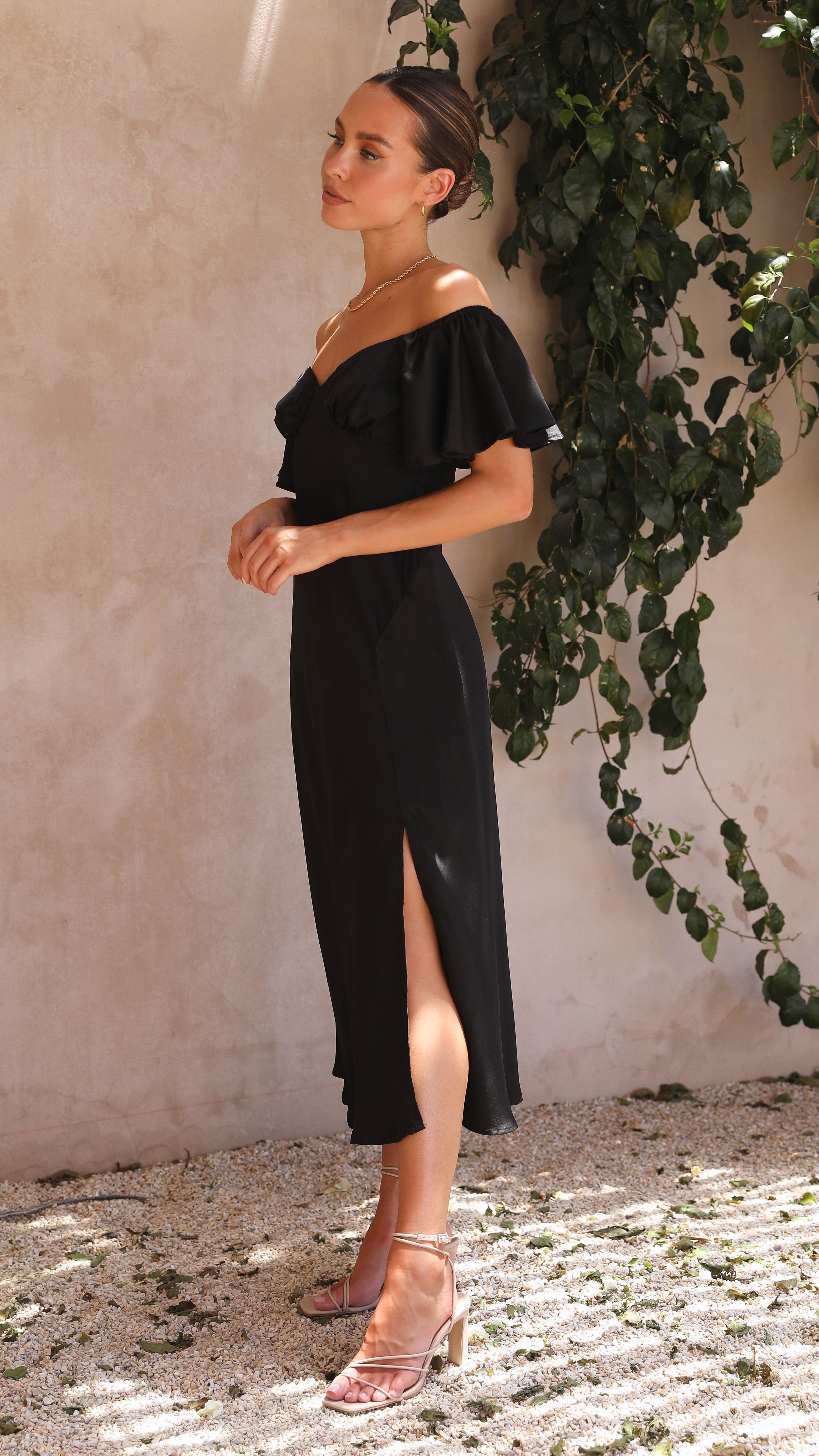 Louisa Midi Dress for Women - Elegant Black Flowy Summer Dress for Casual Wear, Office & Date Night | Plus Size Options Available