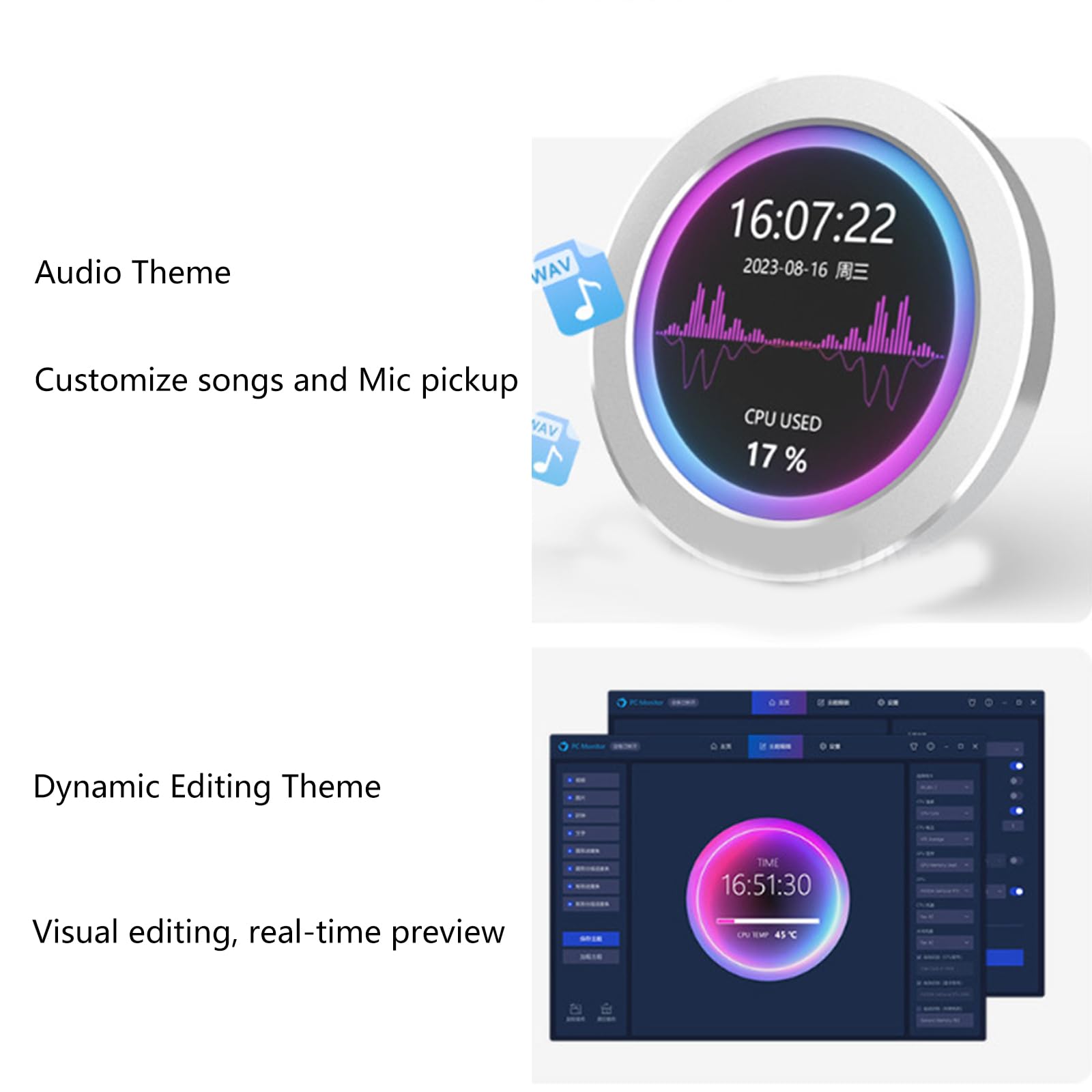 Aurgiarme 2.1 Inch & 2.8 Inch Water-Cooled Secondary USB Monitor - IPS Display, Circular Frame, Drive-Free for PC & Office Accessories - Perfect for Multi-Tasking, Gaming & Workstations