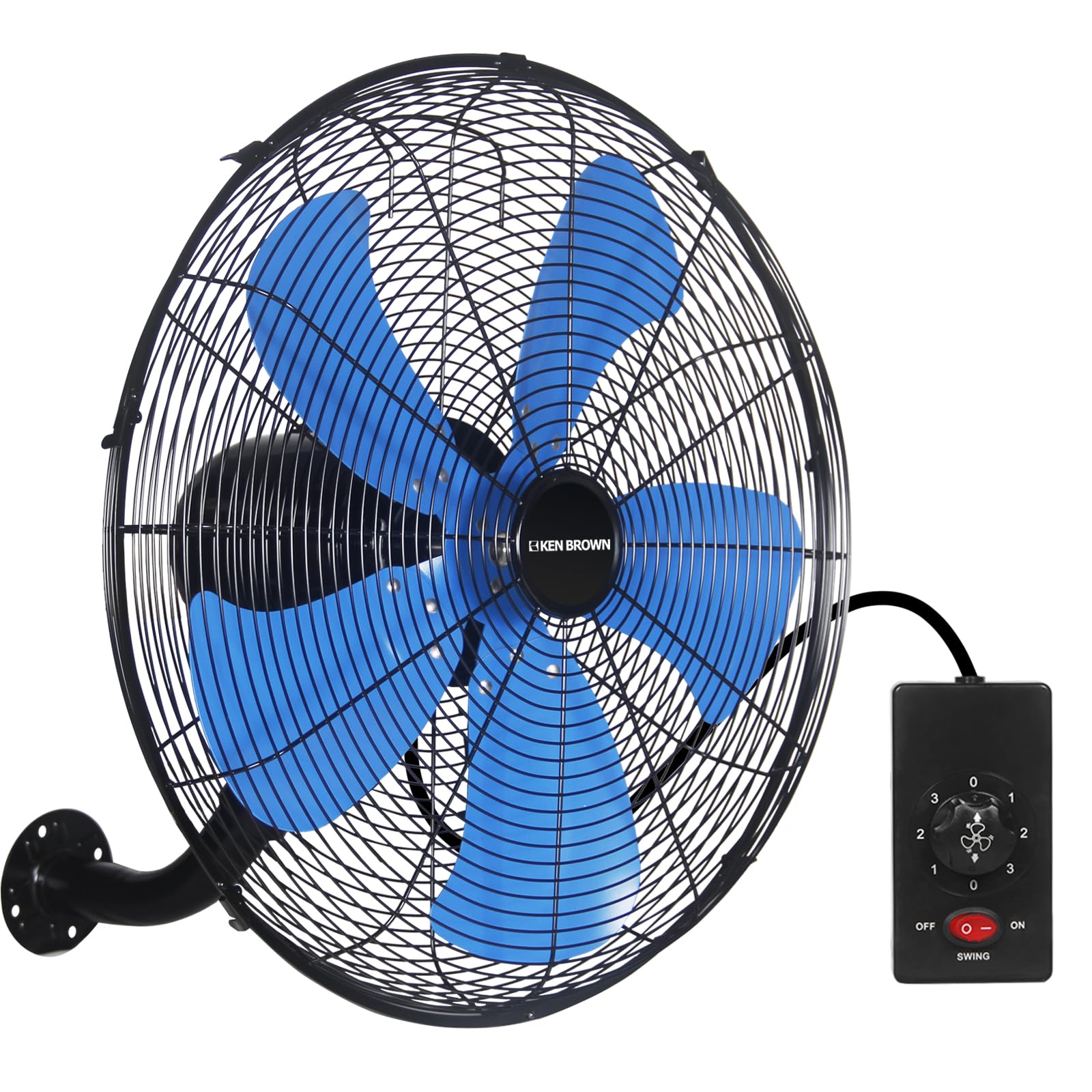 KEN BROWN 18 Inch 3-Speed High Velocity Industrial Oscillating Fan - Wall Mount Fan with 4200 CFM, Separate Switch & 5 Blades - Heavy Duty Metal for Home, Patio, Workshop & Garage - Blue - Perfect for Cooling Large Spaces, Outdoor Areas & Work Environments