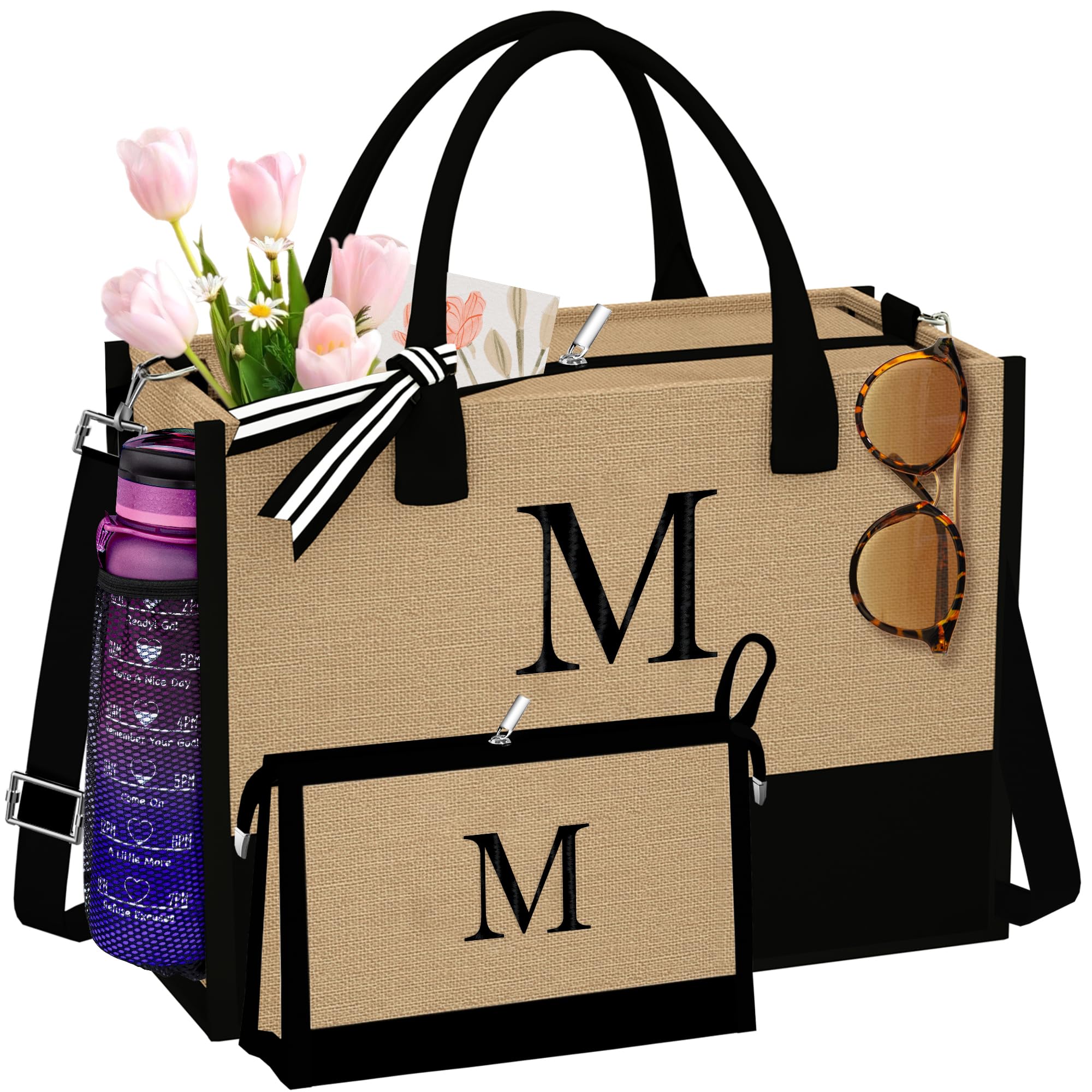 TOPEAST Personalized Jute Beach Tote Bag & Makeup Bag Set - Eco-Friendly Wedding Bridesmaid Gifts, Birthday Present for Women - Perfect for Beach Vacations, Bridal Showers & Everyday Use