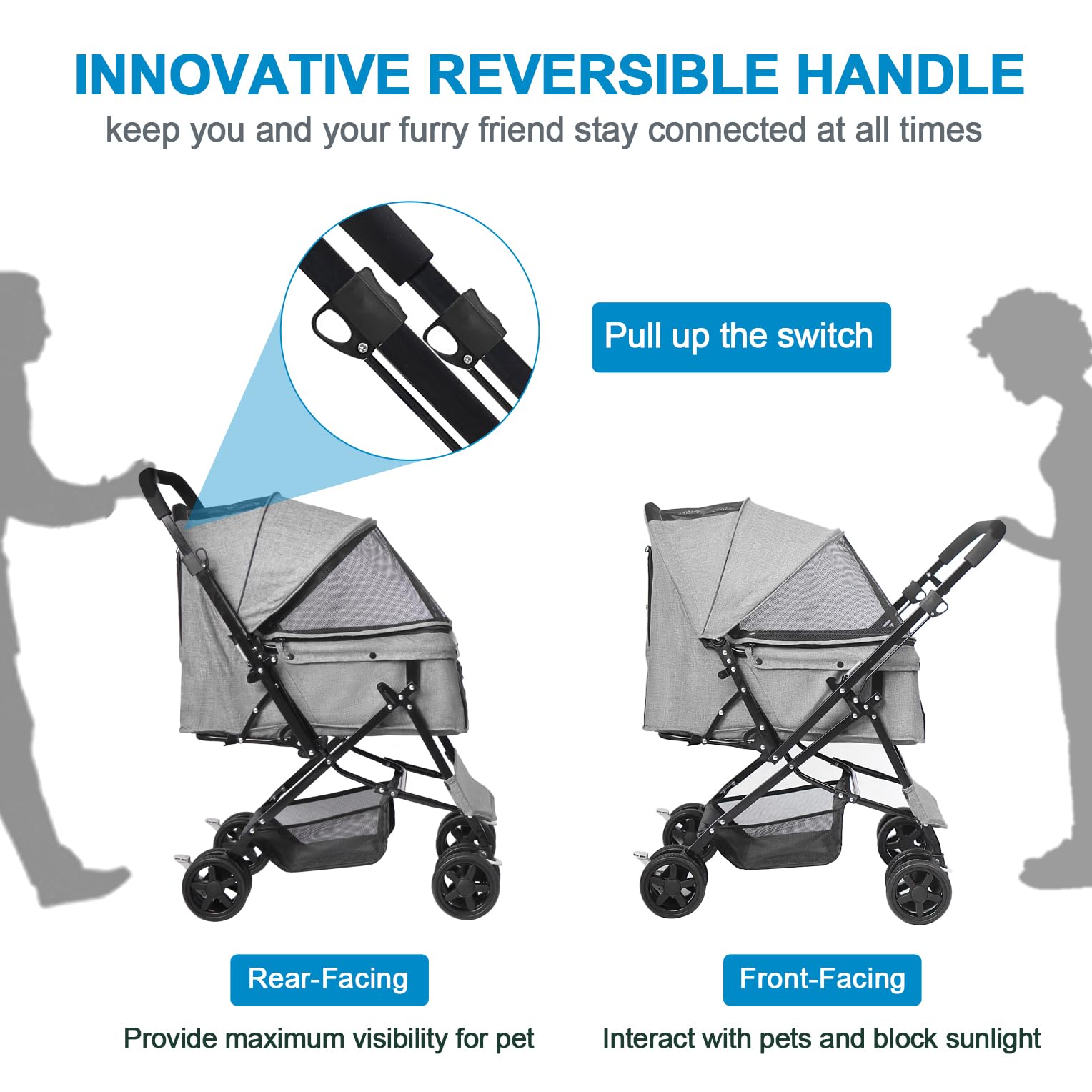 Premium Foldable Dog Stroller for Large & Medium Dogs & Cats - Reversible Handle, Spacious Storage Basket - Ideal for Travel, Walks & Vet Visits (Gray)