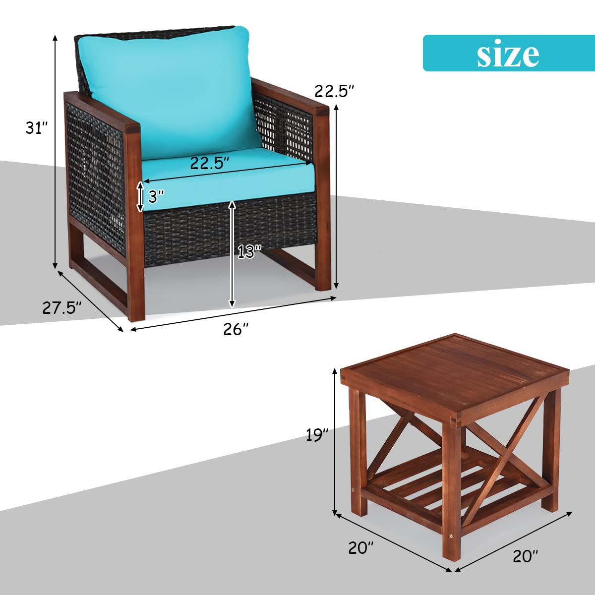 Tangkula 3-Piece Patio Furniture Set - All-Weather Wicker Sofa with Washable Cushions & Acacia Wood Coffee Table - Outdoor Conversation Set for Garden, Balcony, Backyard, Poolside (Turquoise) - Perfect for Relaxing, Entertaining & Enjoying Outdoor Living