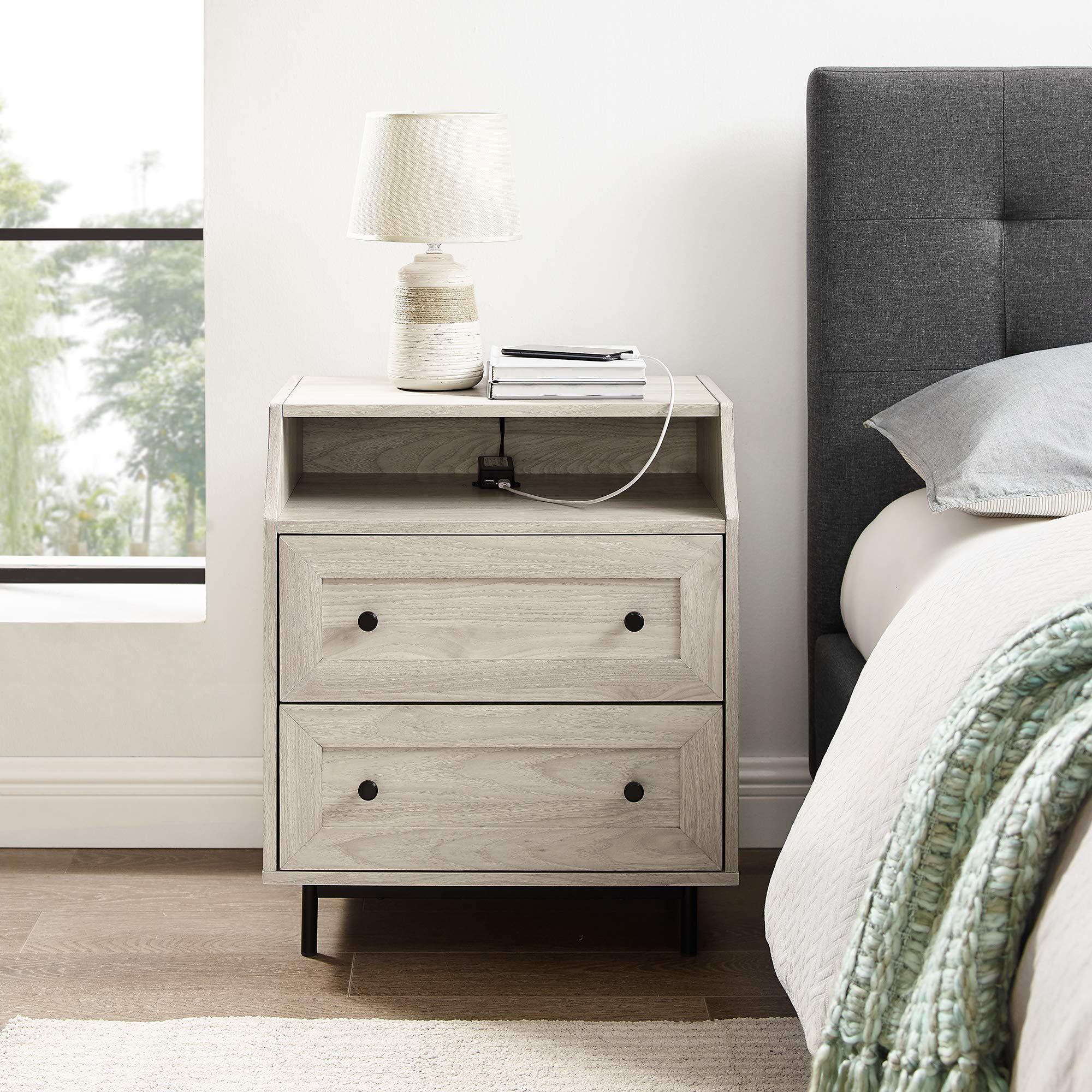 Walker Edison Florence 22 Inch 2-Drawer Open Top Nightstand with USB Charging Port - Modern Birch Wood Bedside Table for Bedroom, Living Room & Office Use