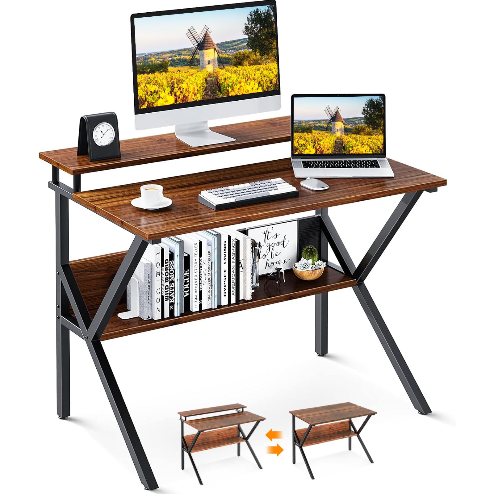 Compact 27.5 Inch Small Computer Desk with Storage & Monitor Stand - Space Saving Home Office Desk for Small Spaces, Study Desk in Espresso Finish - Perfect for Apartments, Dorms & Tiny Home Workspaces