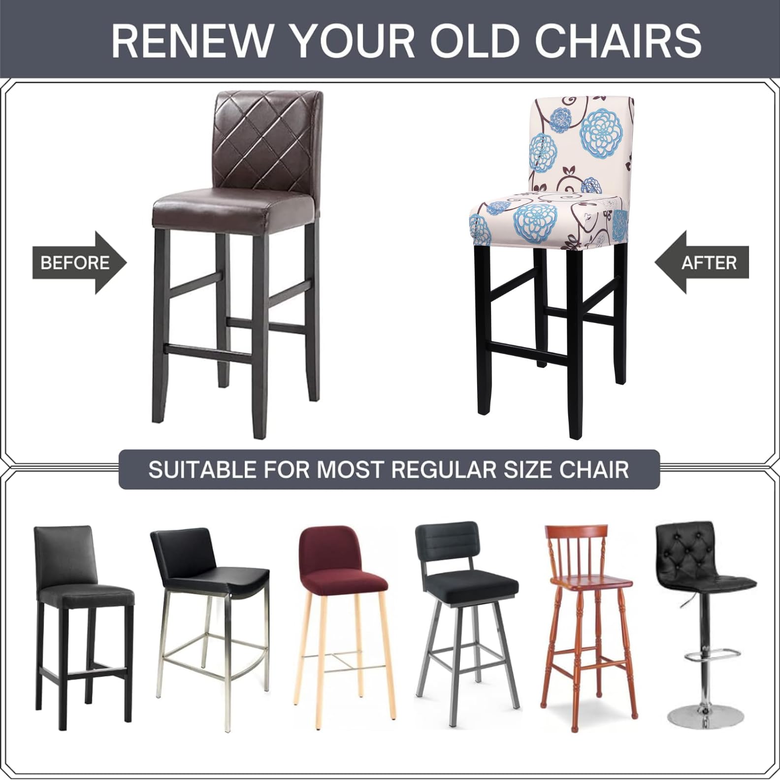 Stretch Washable Bar Stool Covers Set of 4 - Counter Height Chair Seat Covers for Kitchen, Dining Room & Cafe - Ball Flower Design - Perfect for Home Decor, Restaurant Upgrade & Indoor Furniture Protection