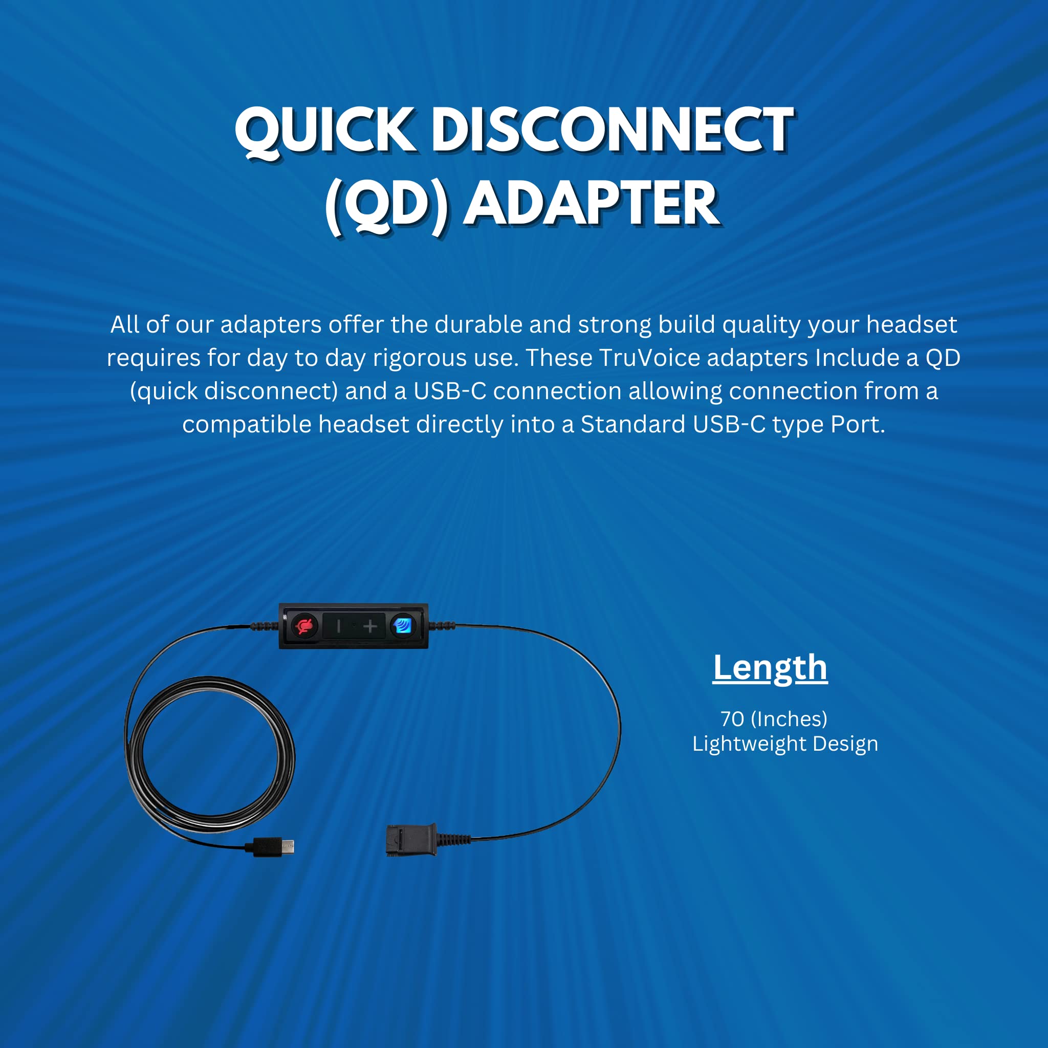 Plantronics Wired Headset QD to USB-C Adapter Cable with One-Touch Mute & Volume Control - Compatible with Any QD Headset for Office, Call Center & Remote Work