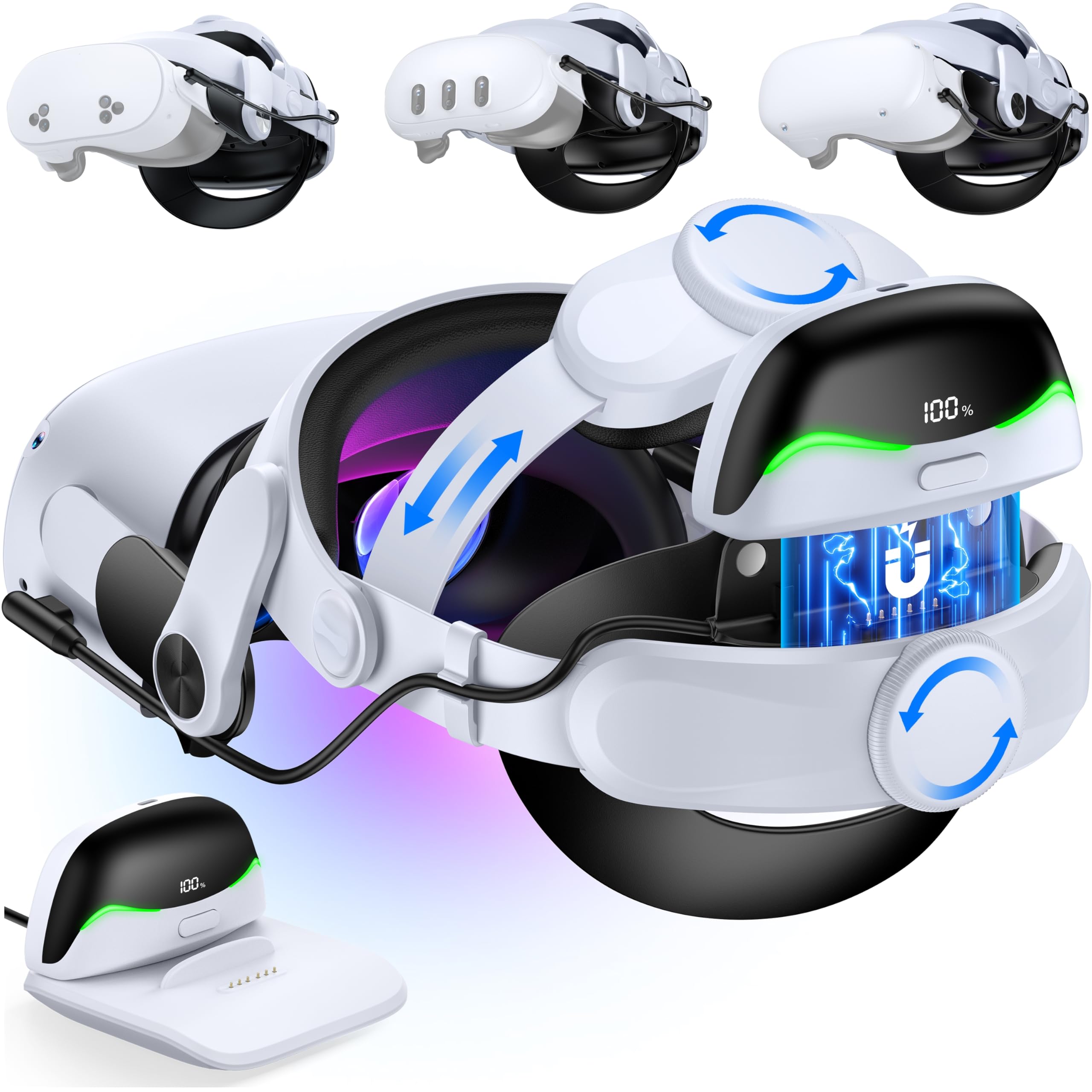 CoguyTech Elite Strap Compatible with Meta Quest 3/Quest 2 - Replacement Comfort Overhead Head Strap for VR Headset with Magnetic Connection & 13400mAh Hot-Swap Power Bank - Reduce Head Pressure for Extended VR Gaming, Fitness, and Movie Watching