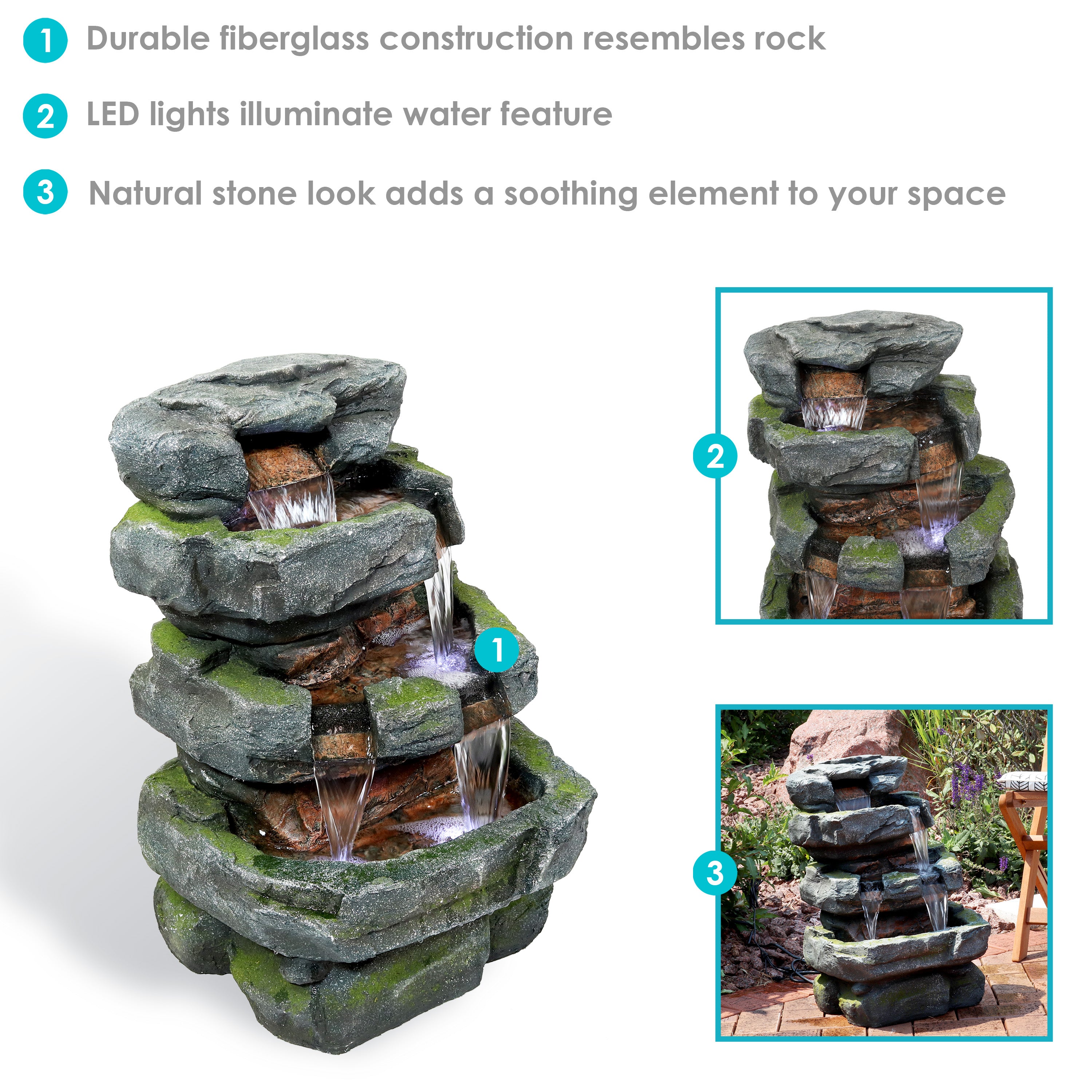 Sunnydaze Outdoor Electric 3-Tier Stone Waterfall Fountain with LED Lights - 23 Inch Height - Perfect for Garden, Patio, and Backyard Decor