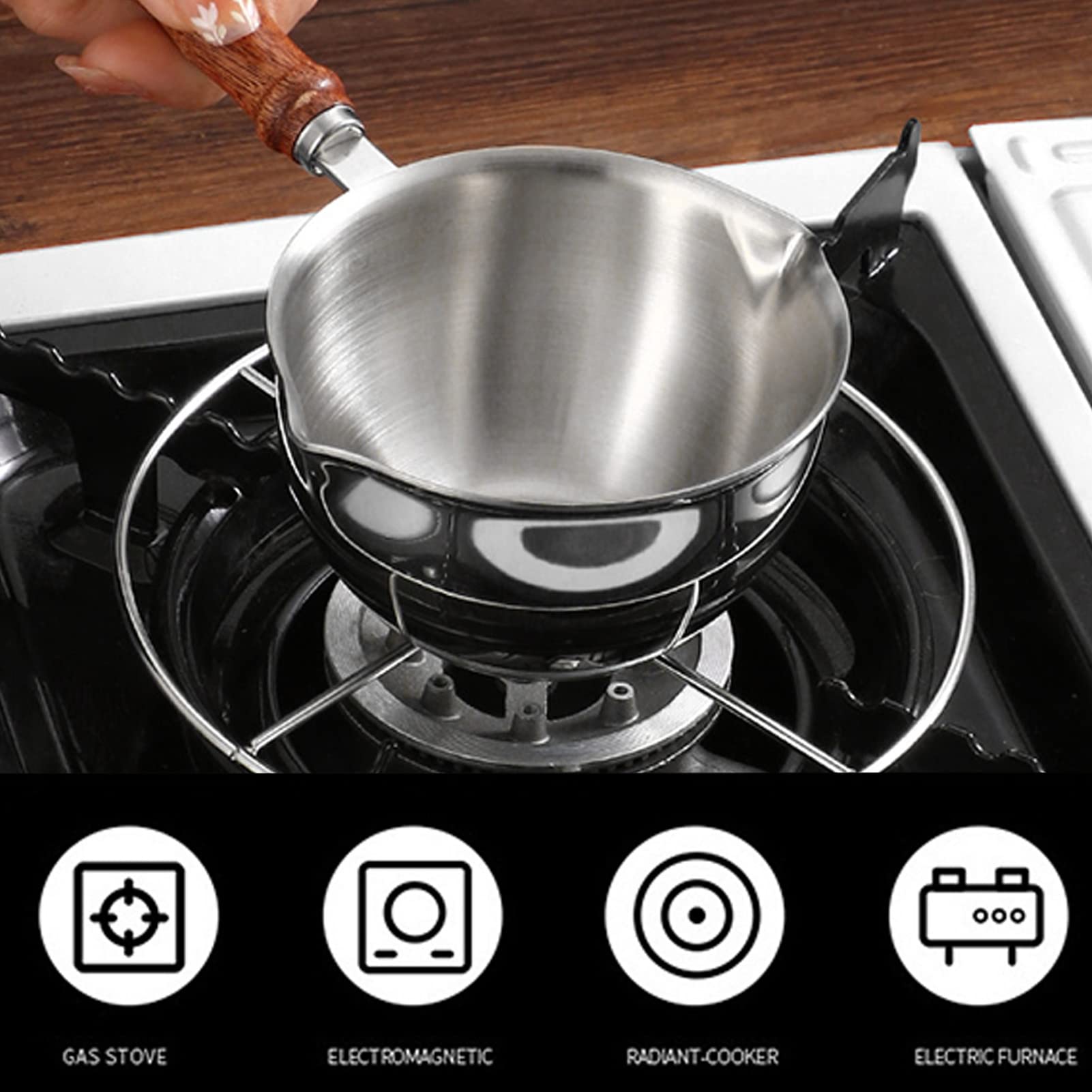 200ml Stainless Steel Milk Pot & Butter Melting Pot with Dual Pour Spouts - Multipurpose Sauce Pan for Coffee, Tea, Chocolate & Cooking - Wooden Handle & Dishwasher Safe - Perfect for Kitchen, Cafe & Home Use