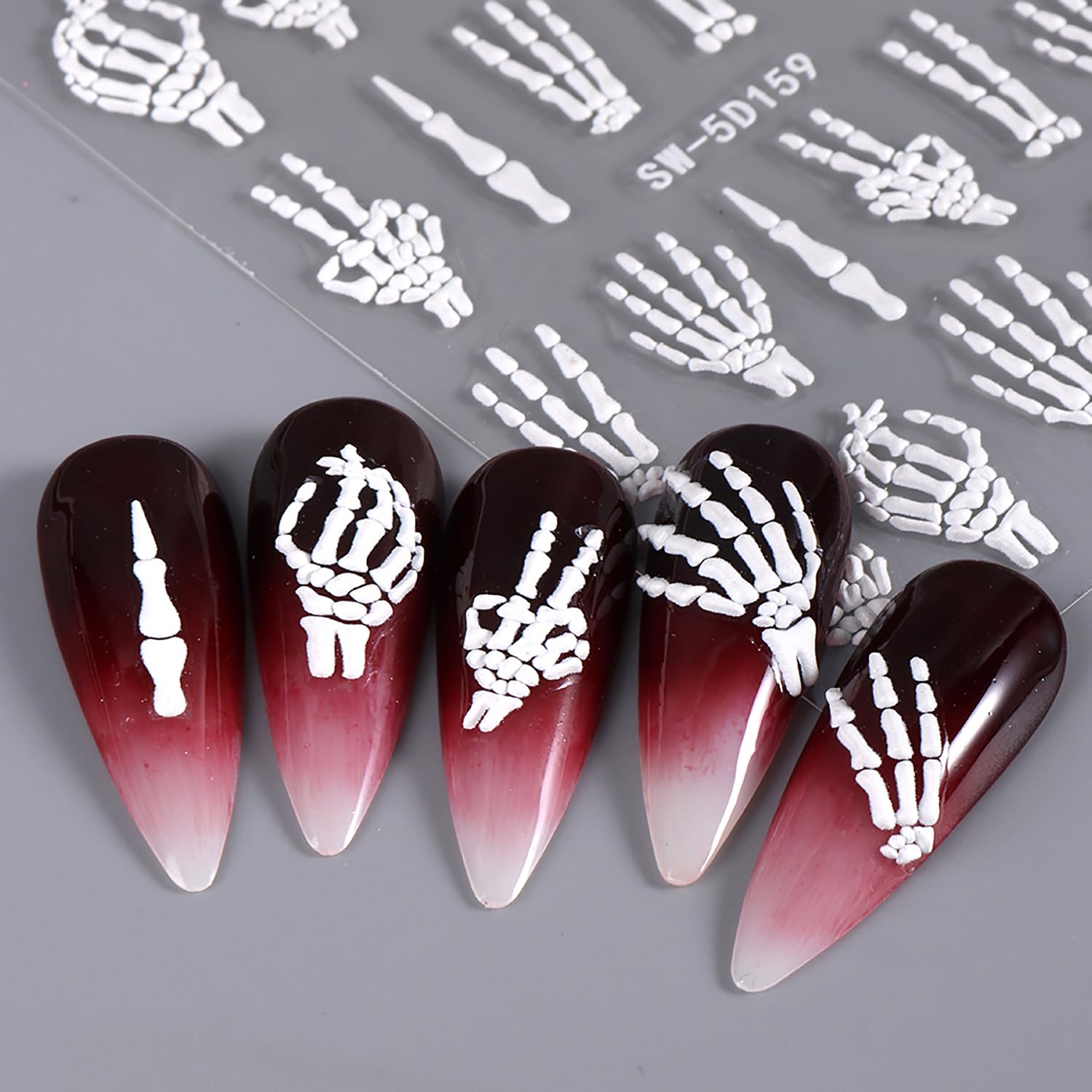 2 Sheets Halloween Nail Art Stickers - 5D Embossed White Skull & Skeleton Bones Nail Decals for Women - Spooky DIY Manicure Supplies for Halloween Parties, Cosplay & Nail Salon Designs