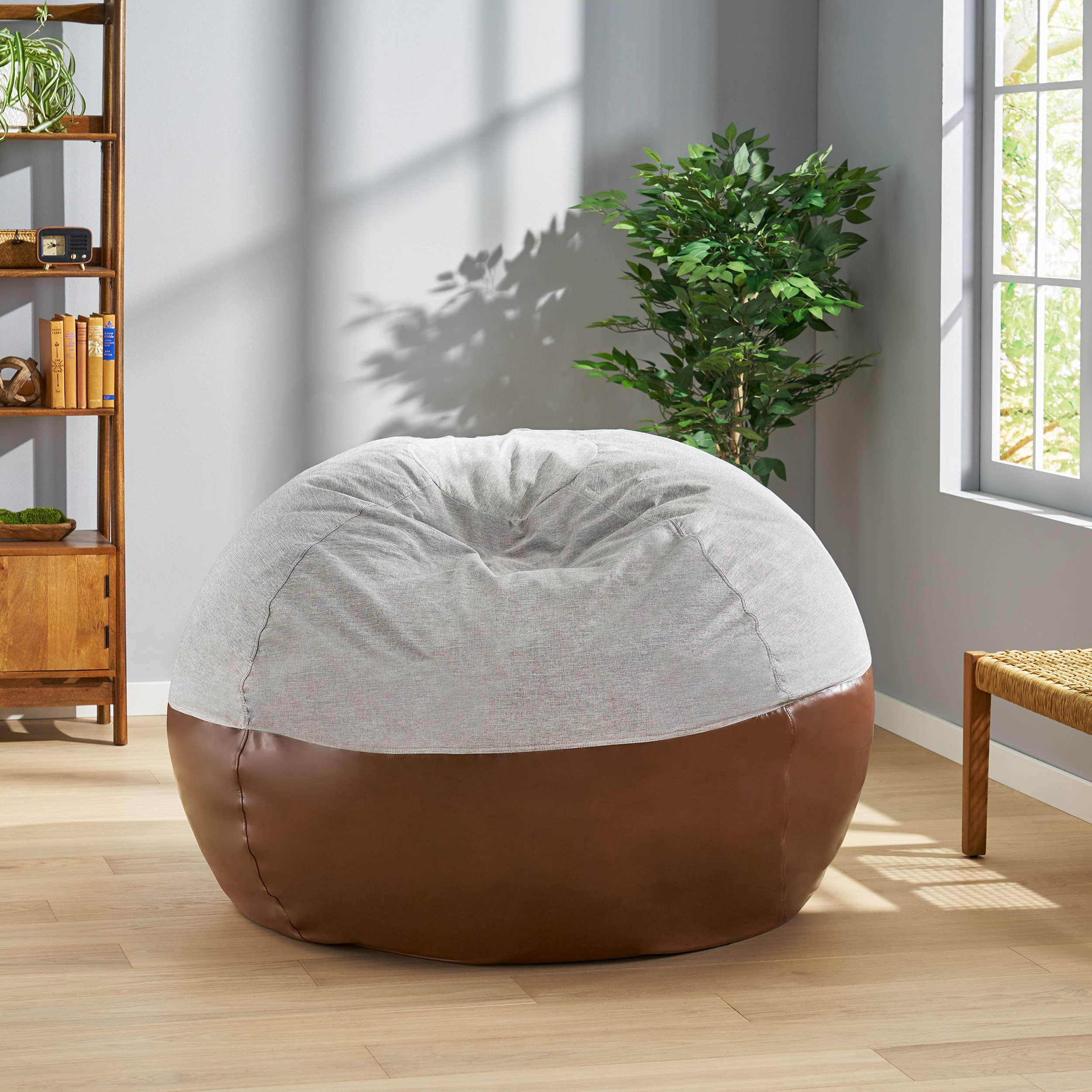 Christopher Knight Home Ohnstad Small Bean Bag Chair - Light Gray & Coffee Brown - Perfect for Kids' Rooms, Dorm Lounges & Cozy Reading Nooks
