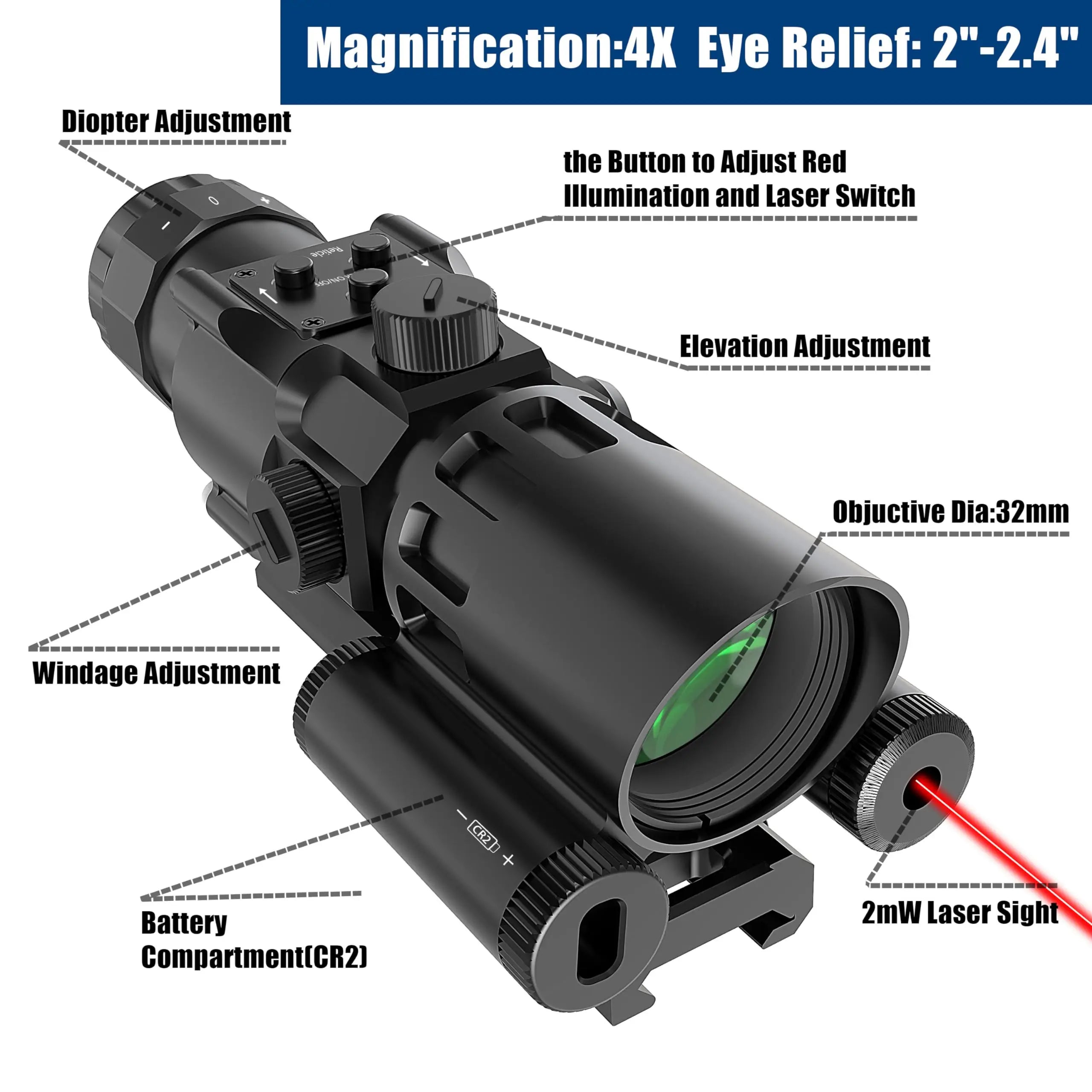 4X32 Prism Optics Rifle Scope with Red Laser - Glass Etched Reticle, 4X Magnification, Fits 20mm Free Mounts - Perfect for Hunting, Tactical Shooting & Outdoor Adventures