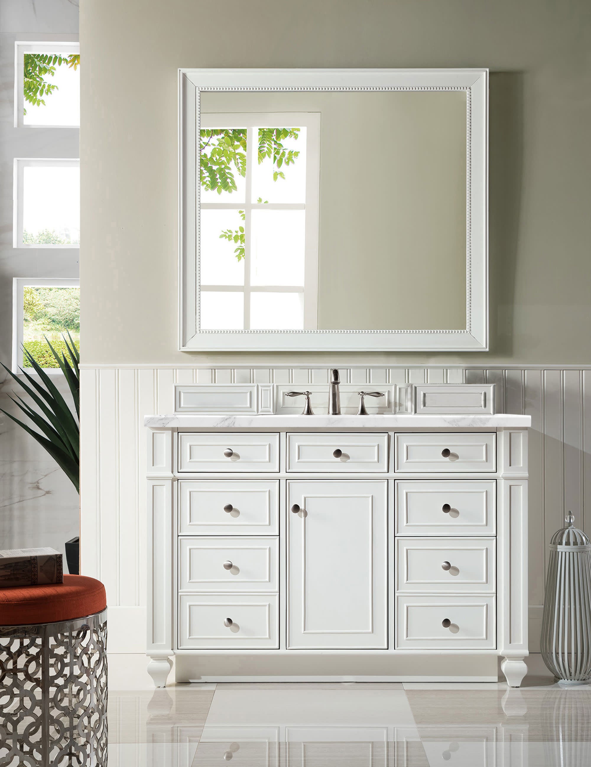 Bristol 48 Inch Single Bathroom Vanity Set with 3CM Carrara Marble Top in Bright White - Perfect for Modern Master Bathrooms & Powder Rooms