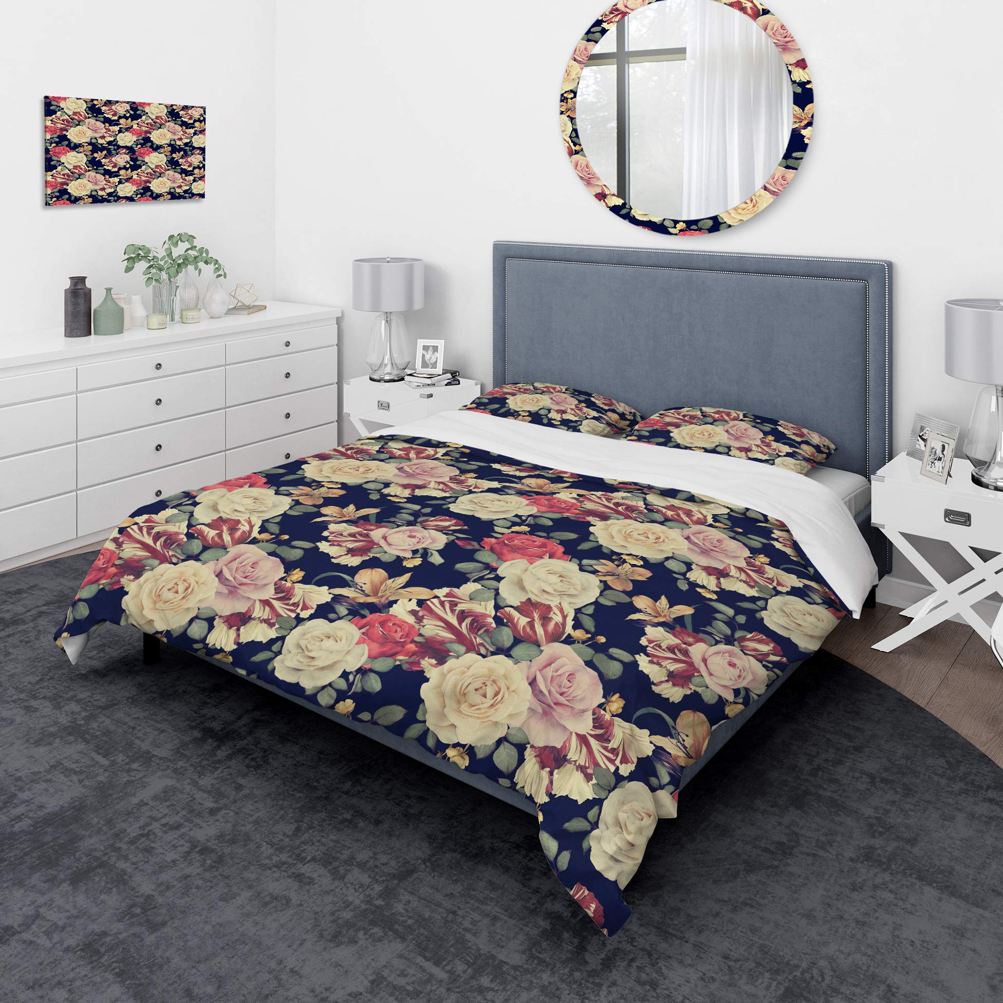 DesignQ Floral Duvet Cover Set Queen - Colorful Roses Nautical Coastal Bedding, 3-Piece Black Floral Pattern Comforter Set for All Seasons | Perfect for Beach House, Guest Room & Coastal Themed Bedrooms