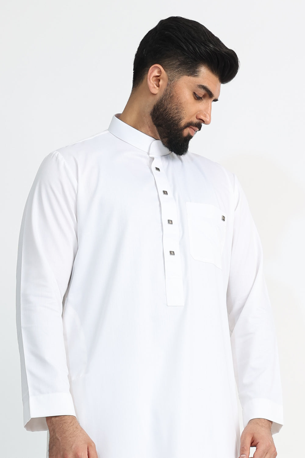 J1516 White Saudi Collar - Elegant Embroidered Islamic Thobe Neckline for Men | Perfect for Eid, Ramadan & Special Occasions