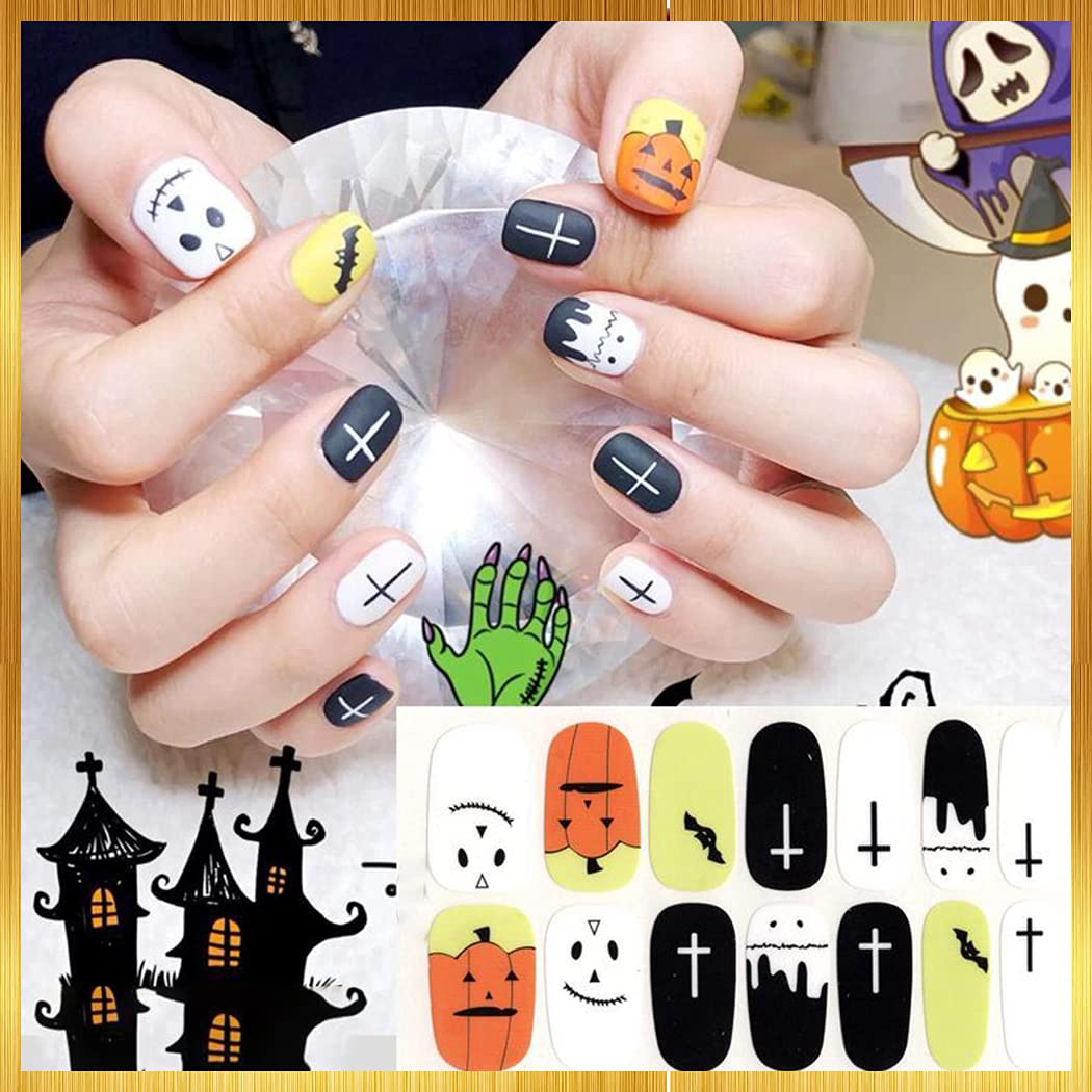 WOKOTO Halloween Nail Stickers - 14 Sheets Full Nail Wraps with Pumpkin, Bat, Ghost, Witch & Spider Designs | Waterproof Nail Polish Stickers for Acrylic Nails | Includes Nail File | Perfect for Halloween Parties, Costume Events & Spooky Nail Art