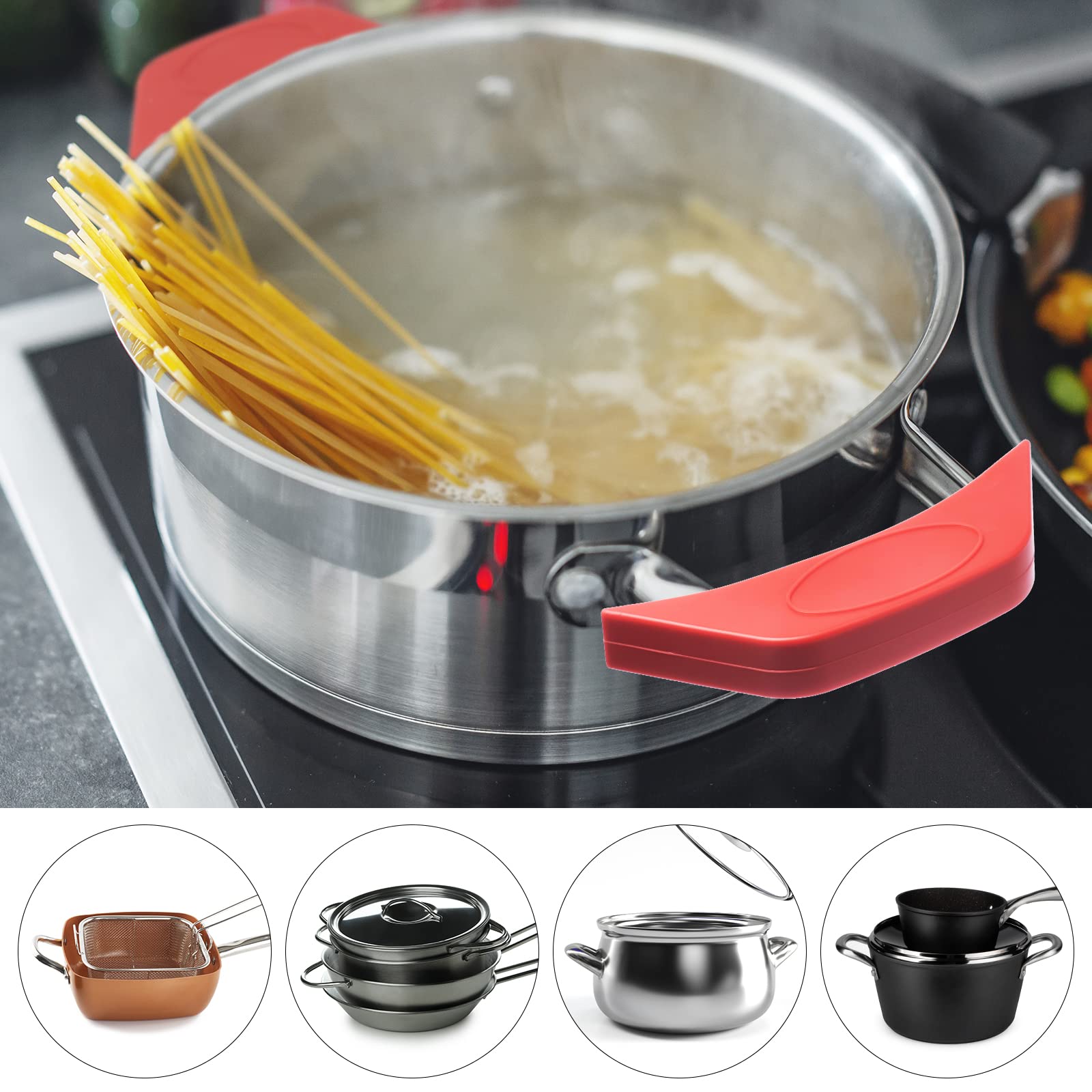EORTA 4-Piece Silicone Pot Handle Covers - Heat Resistant & Scald Proof Cooking Grips for Pans, Frying Pans, Griddles & Metal Cookware (Red) - Perfect for Safe Cooking, Baking & Kitchen Use