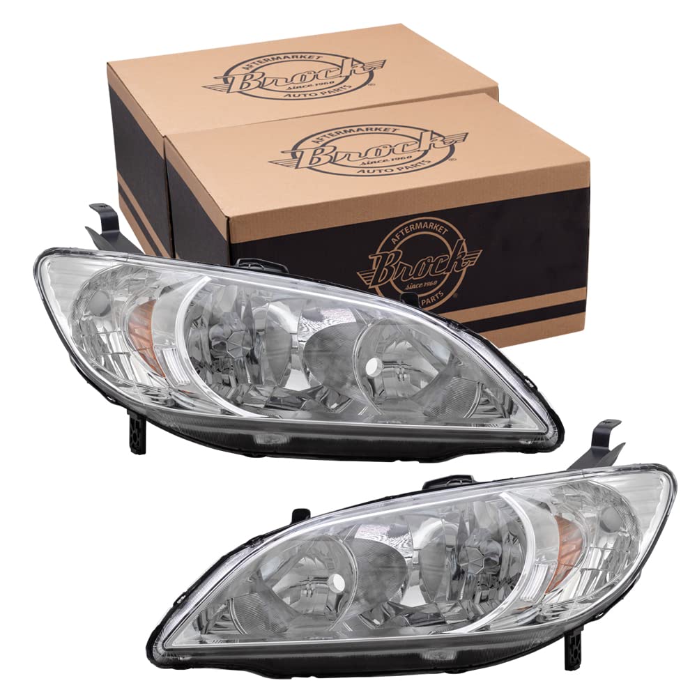 Brock Replacement Halogen Headlights for 2004-2005 Honda Civic - Driver & Passenger Side Headlamps (33151-S5A-A51, 33101-S5A-A51) - Perfect for Night Driving & Road Safety