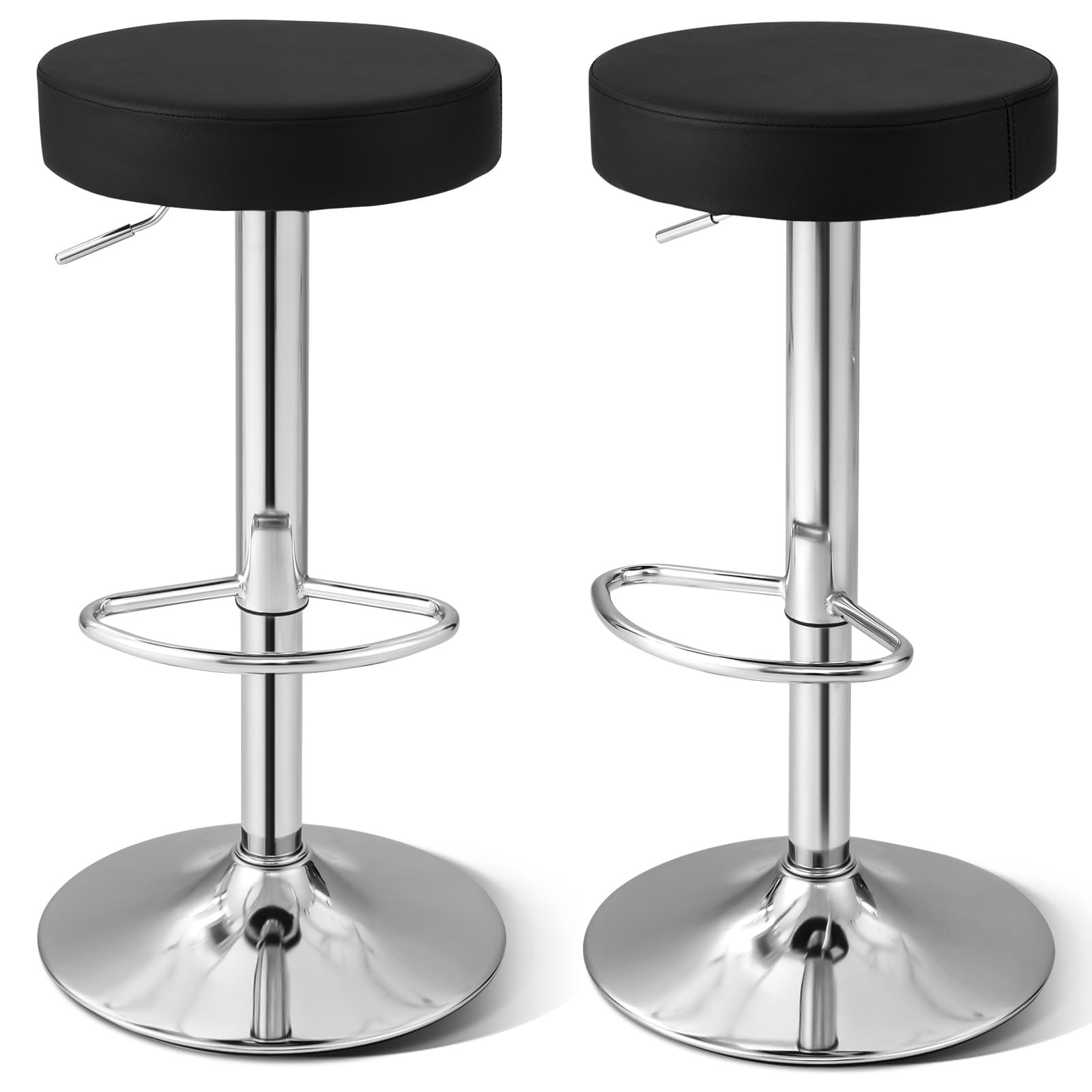WATERJOY Adjustable Round Bar Stools Set of 2, PU Seat Swivel Bar Stool with Footrest - Modern Kitchen Island & Home Bar Seating for Dining & Entertainment