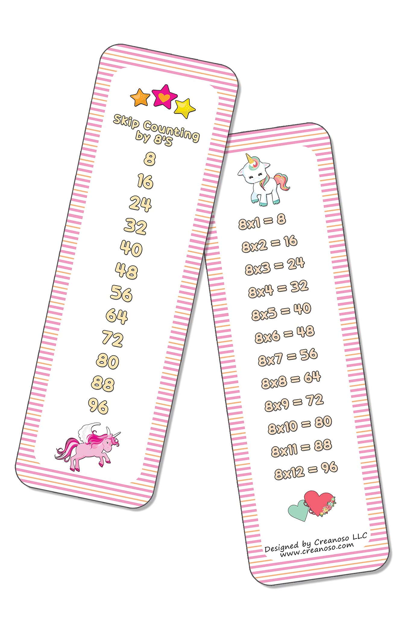 Creanoso Skip Counting Chart Bookmark Cards - Cute Unicorn Theme (2 Sets of 11 Cards) - Homeschool Math Learning Tools for Kids - Perfect for Classroom, Home Study & Gift Giving