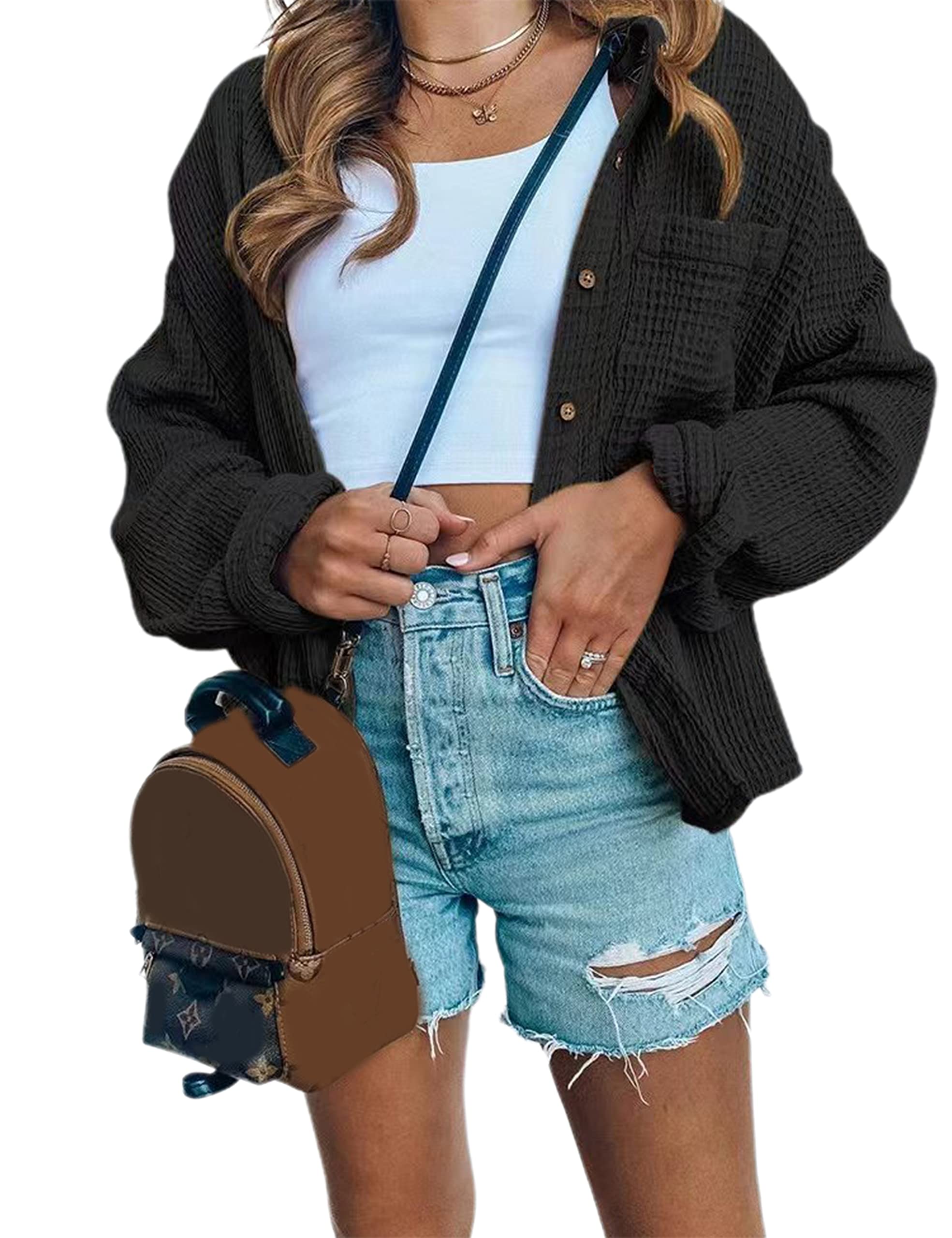 UANEO Women's Fall Knitted Waffle Jacket - Casual Button Down Long Sleeve Shacket for Autumn Outfits | Cozy Layering Piece for Work, Dates & Weekend Outings