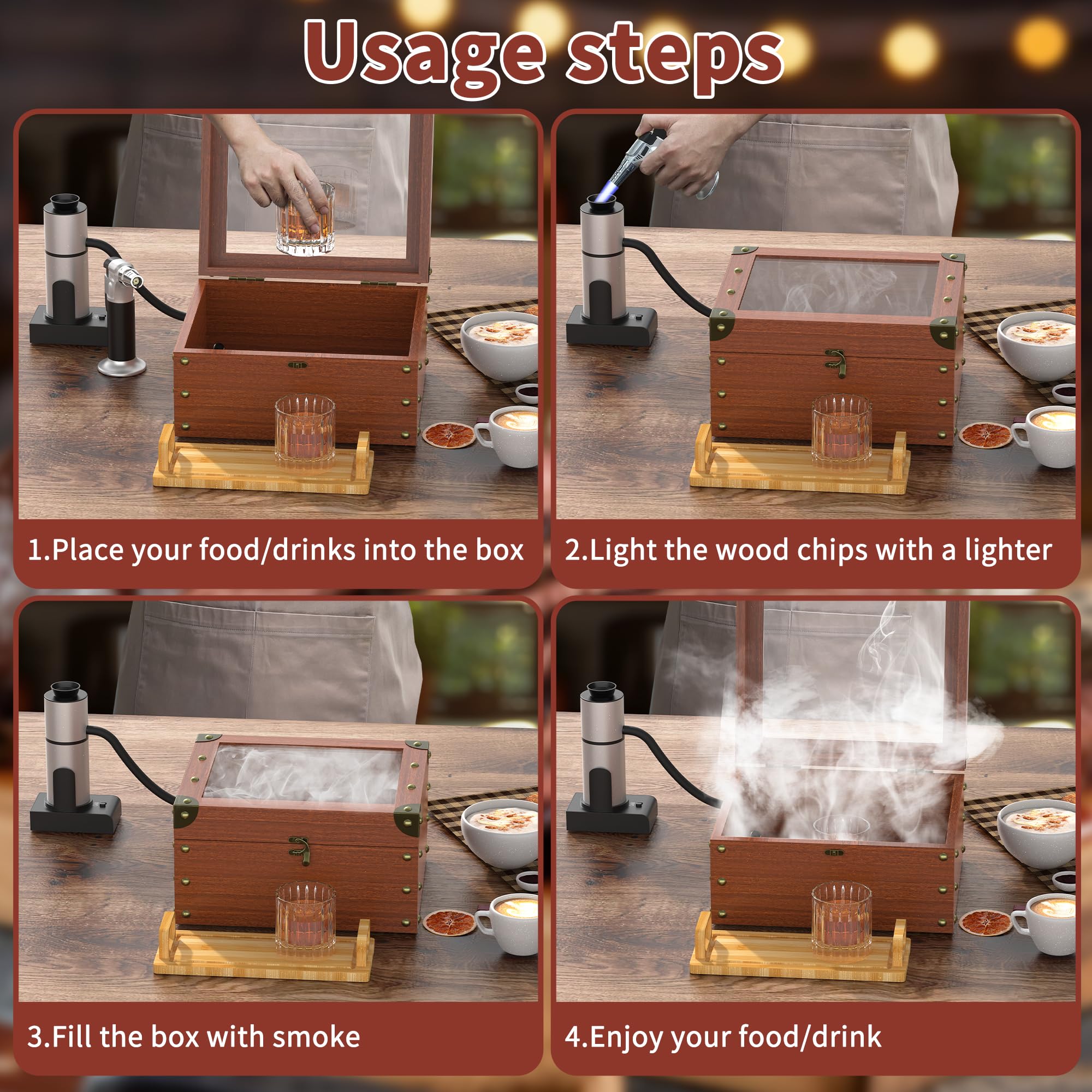 Premium Cocktail Smoker Kit with Torch, Food Tray & Wood Chips (Apple & Cherry) - Whiskey & Bourbon Infuser Set for Old Fashioned Drinks - Perfect Gift for Men - Ideal for Home Bars, Parties & Cocktail Enthusiasts (No Butane or Cup Included)