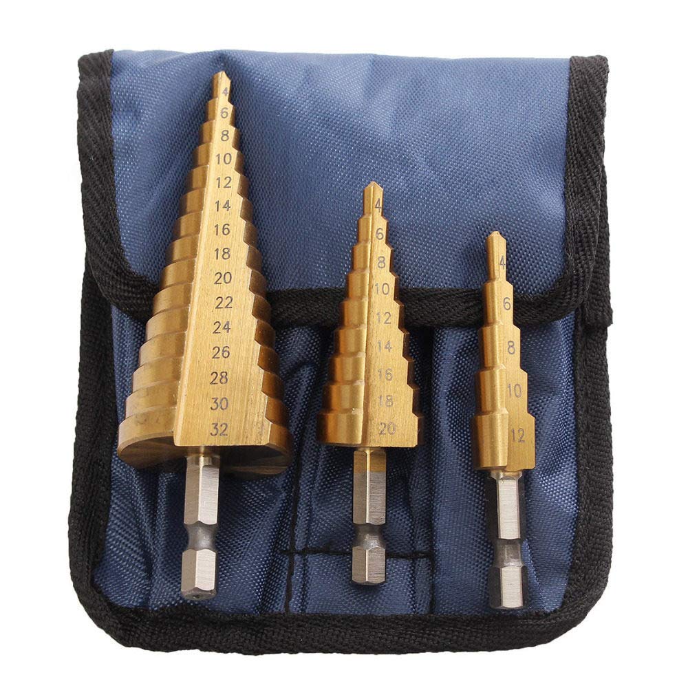 3-Piece Titanium Step Drill Bit Set (4-12mm, 4-20mm, 4-32mm) - High Speed Steel Cone Hole Cutter with Storage Pouch - Perfect for Metal, Wood, Plastic & DIY Projects