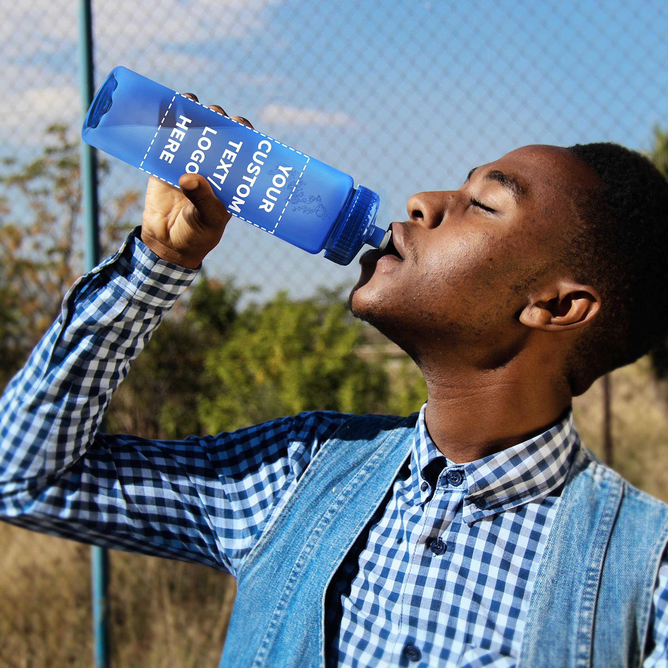 50 Pack 32oz Clear Plastic Water Bottles with Push-Pull Lids - Customizable Text & Logo - Durable, Leak-Proof, Reusable - Transparent Blue - Perfect for Sports, Gym, Office, and Outdoor Activities