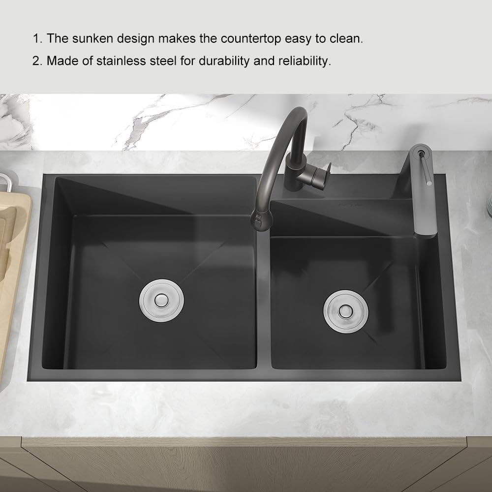 32 Inch Black Stainless Steel Double Bowl Kitchen Sink with Drain & Overflow - Drop-In Installation for Modern Homes, Perfect for Meal Prep & Dishwashing