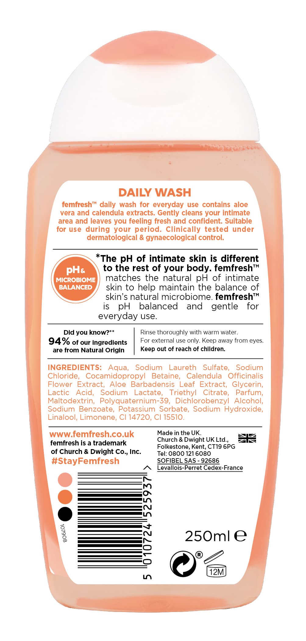 Femfresh Intimate Hygiene Wash for Women - pH Balanced Daily Feminine Cleanser, 250ml - Gentle & Soothing for Sensitive Skin - Perfect for Daily Use & Post-Workout Freshness