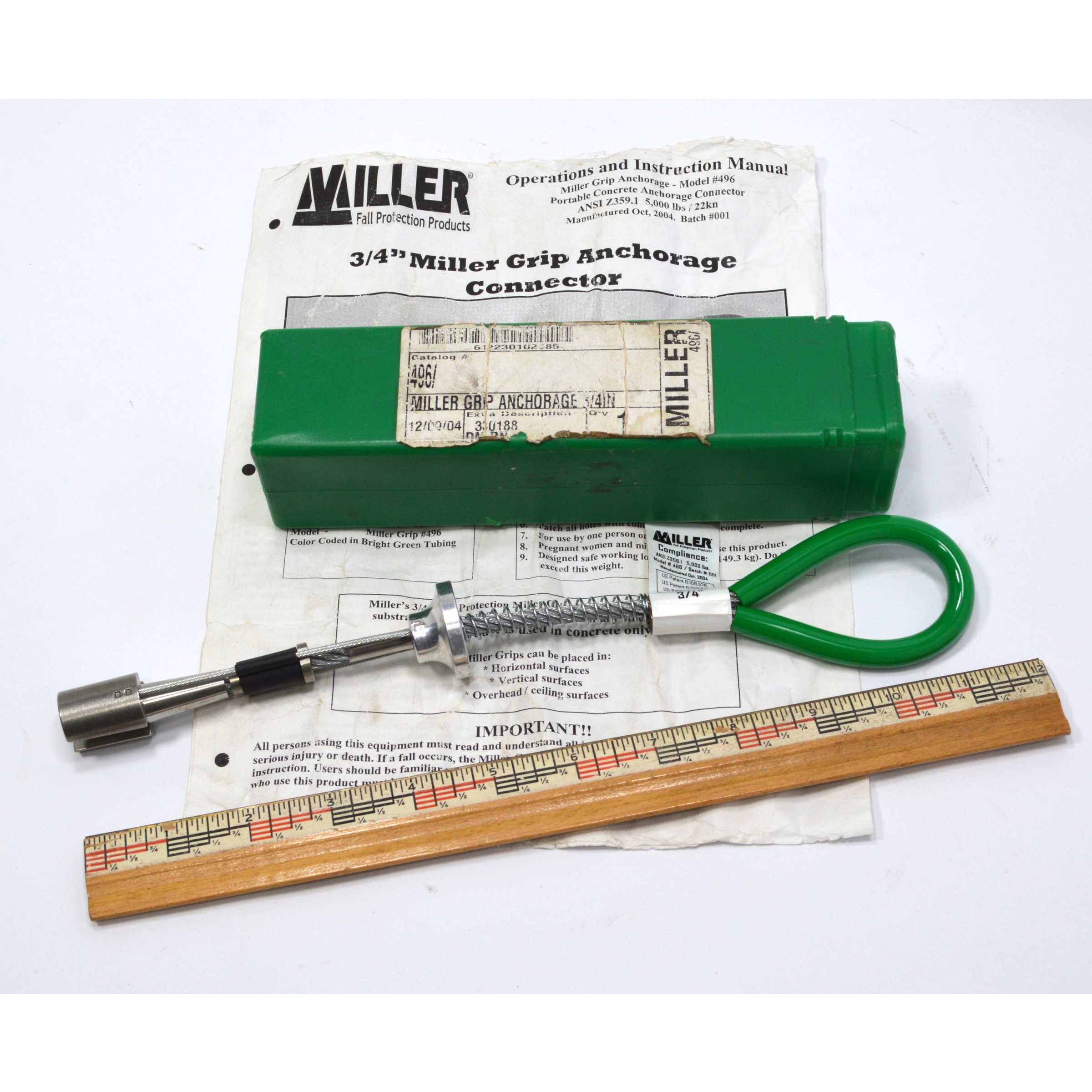 Original New (Open Tube) MILLER by HONEYWELL GRIP ANCHORAGE 3/4 IN No. 496 NOS from 2004 - Heavy Duty Fall Protection Safety Equipment for Construction & Roofing Work
