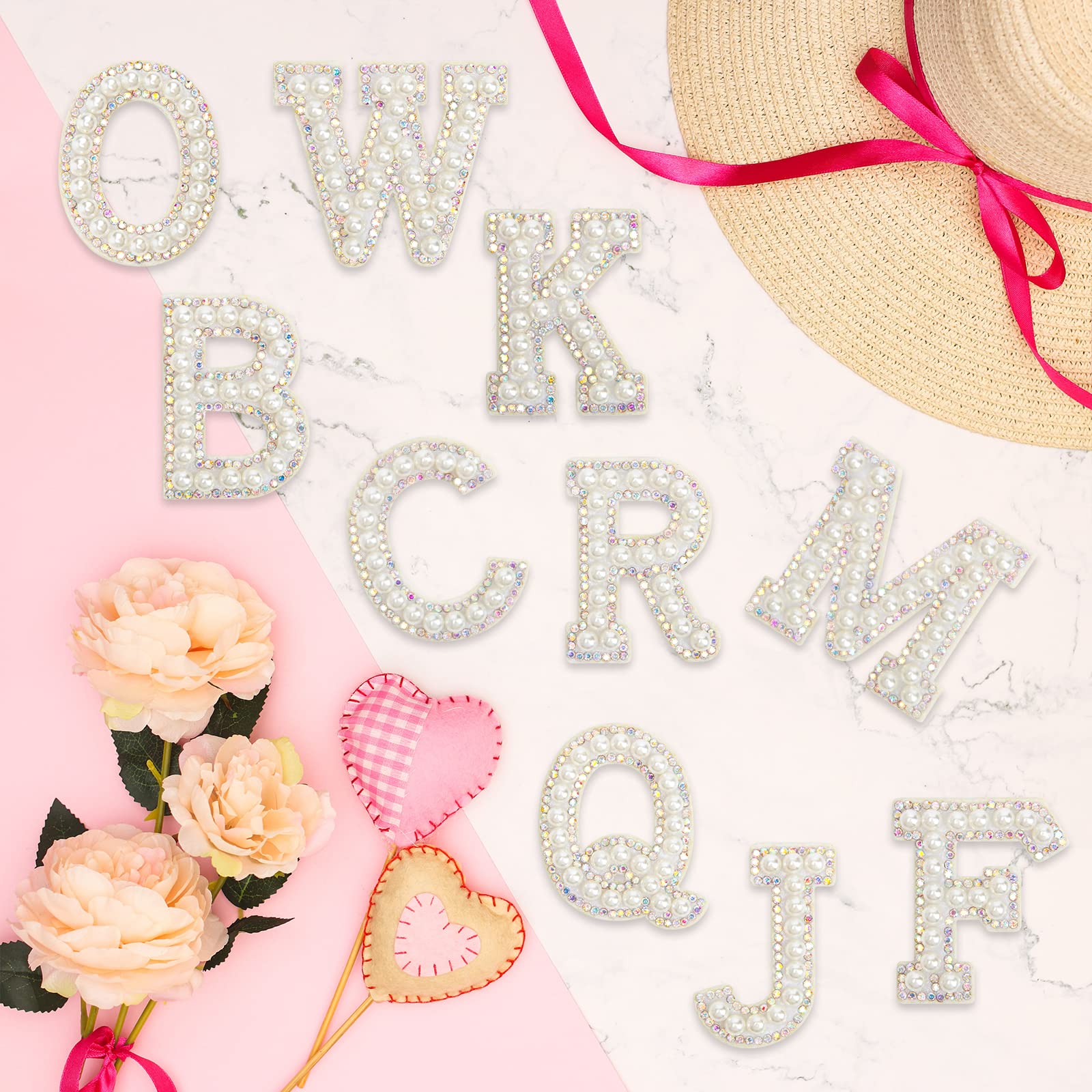 52 Pcs White Pearl Rhinestone Iron-On Letters A-Z Alphabet Patches for DIY Crafts, Hats, Clothing & Accessories – Perfect for Customizing Jackets, Bags, and Home Decor (Glitter Applique)