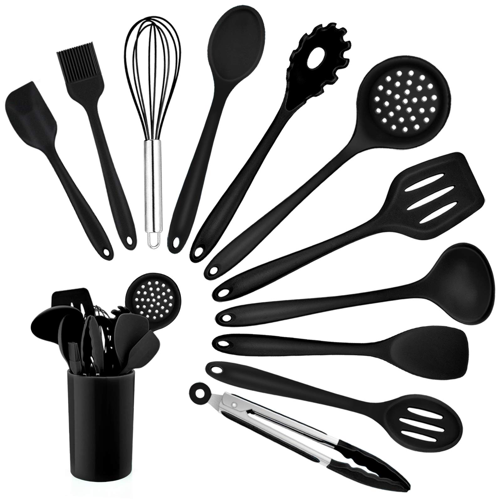 Homikit 12-Piece Silicone Kitchen Utensil Set with Holder - Heat Resistant Cooking Tools Including Spoon, Turner, Spatula, Ladle & Tongs for Non-Stick Cookware - Perfect for Baking, Frying & Everyday Cooking (Black)