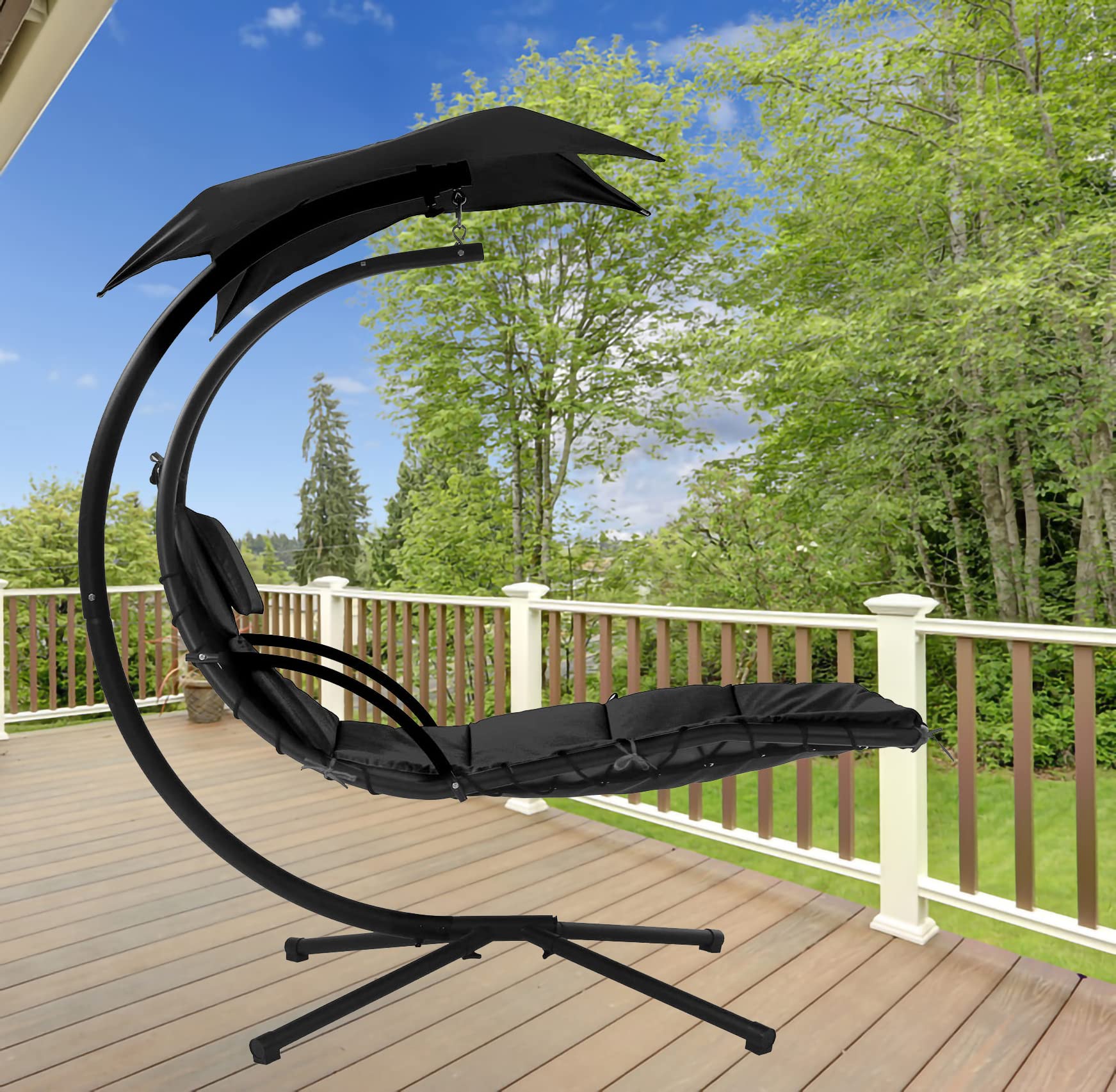 **Hanging Hammock Chair with Canopy - Outdoor Patio Swing for Adults - Free Standing Arc Stand - Garden, Backyard, Deck Lounge Furniture - Perfect for Relaxing in Porch, Balcony or Poolside (Black)**