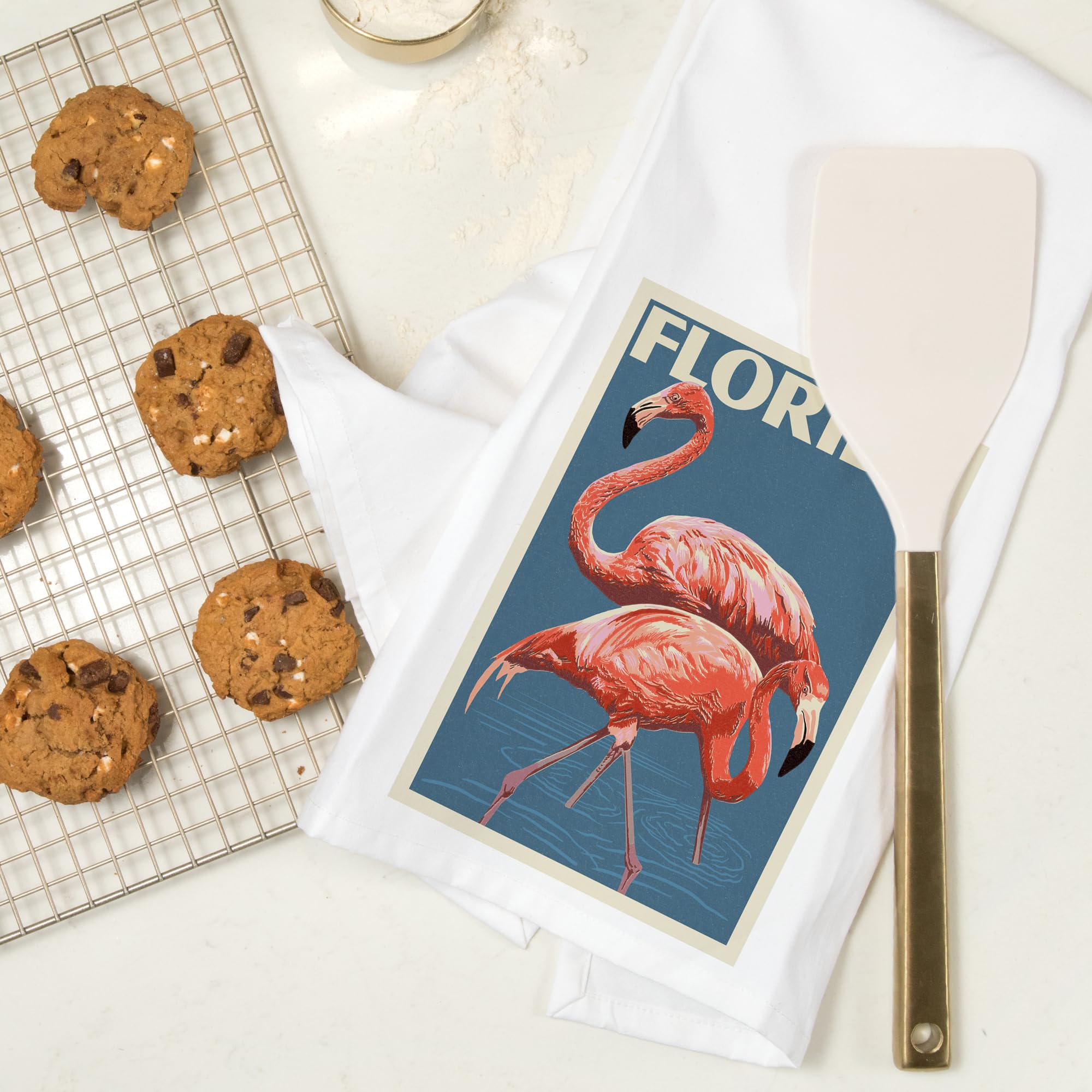 Florida Flamingo Letterpress Tea Towel - 100% Cotton Decorative Hand Towel for Kitchen & Home - Perfect for Gifts, Dish Drying, and Coastal Themed Decor