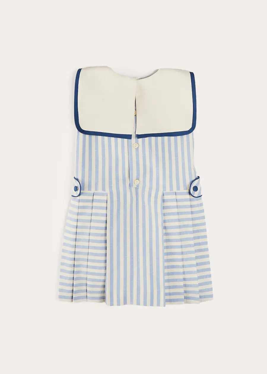 Blue Regency Striped Mariner Collar Pleated Sleeveless Dress for Girls 2-10 Years | Summer Beach Party, Vacation Outfit, Casual Playdate Dress
