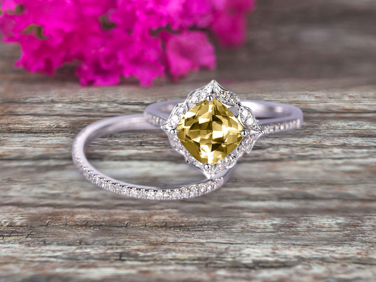 2Pcs Vintage Wedding Ring Set - 1.75 Carat Champagne Cushion Cut Moissanite Engagement Ring with Matching Band, 10k White Gold Halo Design for Bridal Jewelry | Perfect for Engagement, Anniversary & Romantic Occasions