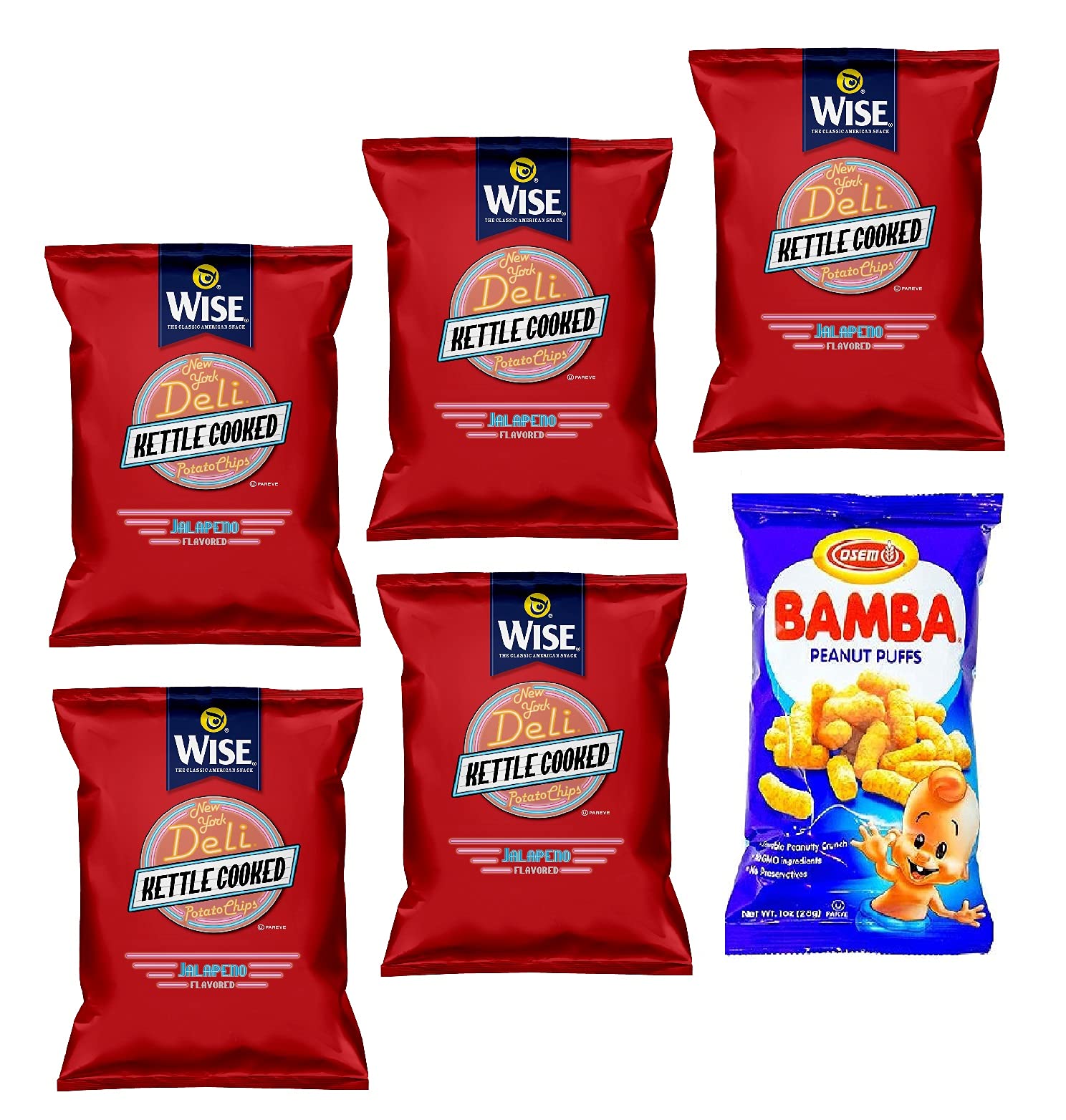 Wise Snacks KETTLE JALAPENO Potato Chips 1.25oz (5-Pack) & Osem Bamba Peanut Butter Snacks 1oz (1-Pack) - Spicy & Crunchy Snack Bundle (6 Bags Total) - Perfect for Parties, Movie Nights & On-the-Go Snacking