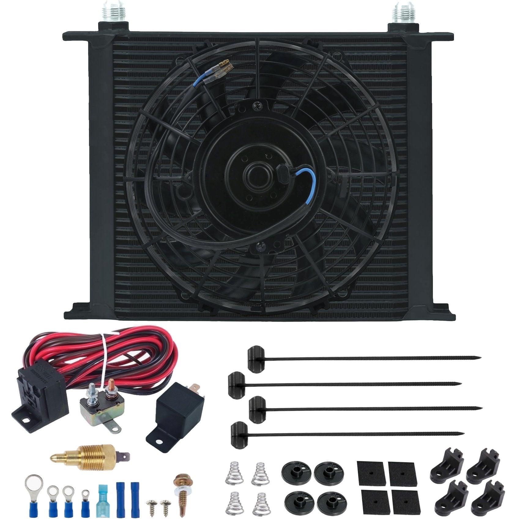 34 Row Engine Transmission Oil Cooler with Electric Fan & Temperature Switch Kit - Heavy Duty Cooling for Trucks, SUVs, and Performance Vehicles