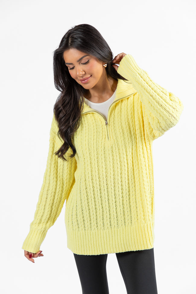 Forever Yours Yellow Cable Knit Chenille Quarter Zip Sweater | Cozy Winter Pullover for Women | Perfect for Casual Outings & Holiday Gatherings