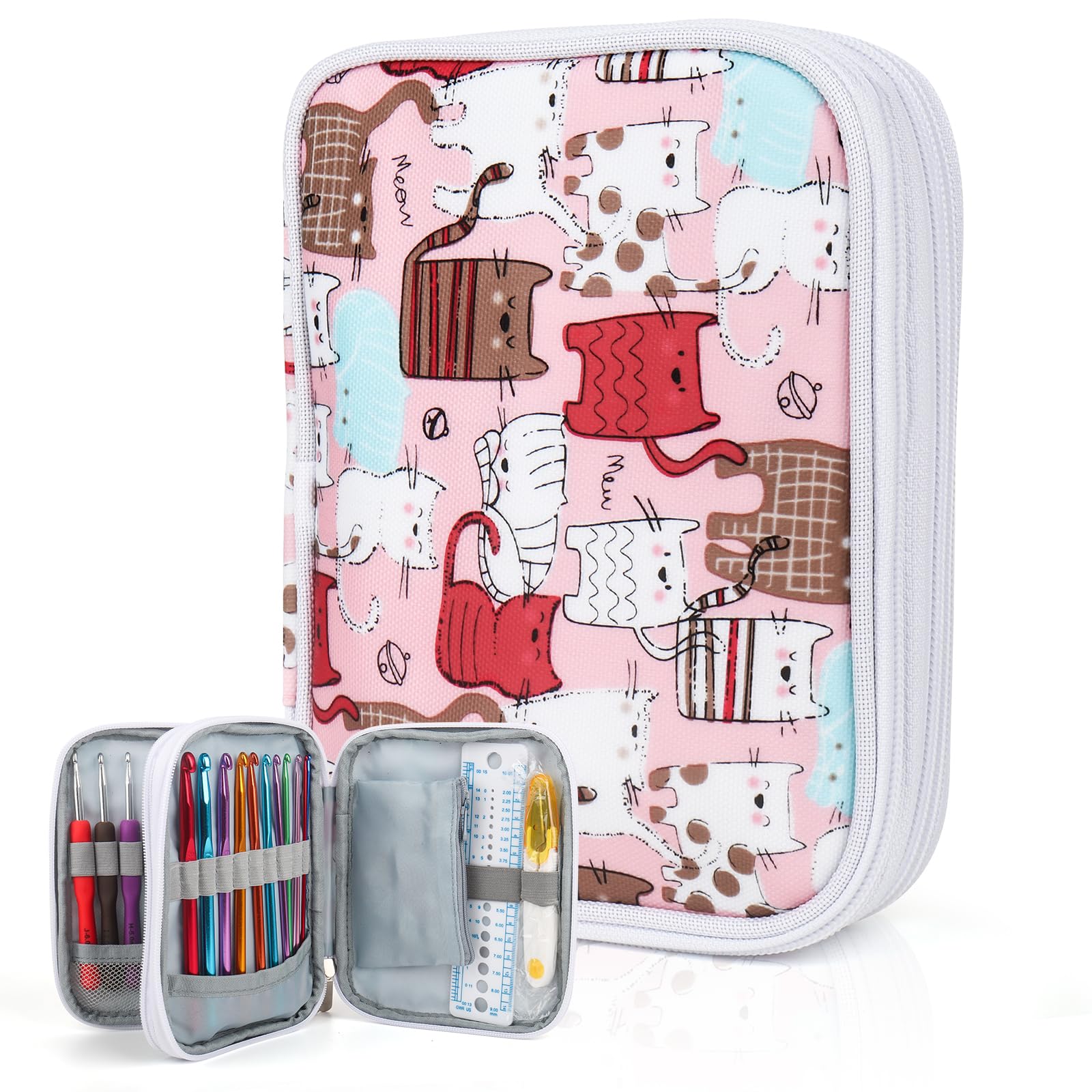 Premium Crochet Hooks Case - Portable Travel Storage Organizer with Zipper Closure, Web Pocket & Needle Slots | Carry Various Crochet Needles Safely | Perfect for Knitting Enthusiasts, On-the-Go Crafting & Yarn Projects (Pink)