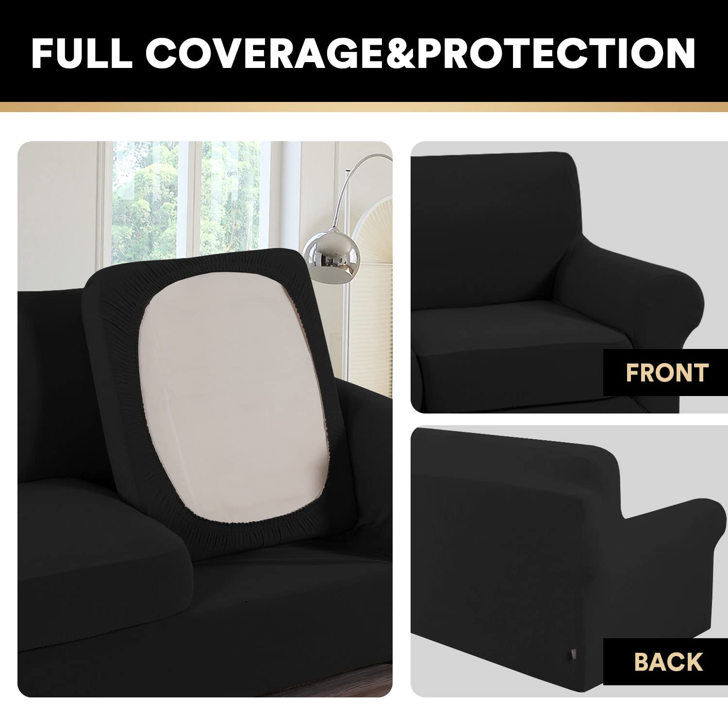 PrinceDeco 2-Piece Stretchable Slipcovers for Living Room Armchairs - Soft Furniture Protector with Elastic Bottom for Pets & Kids, Machine Washable, Black - Perfect for Sofa Protection, Home Decor Upgrade, and Pet-Friendly Households
