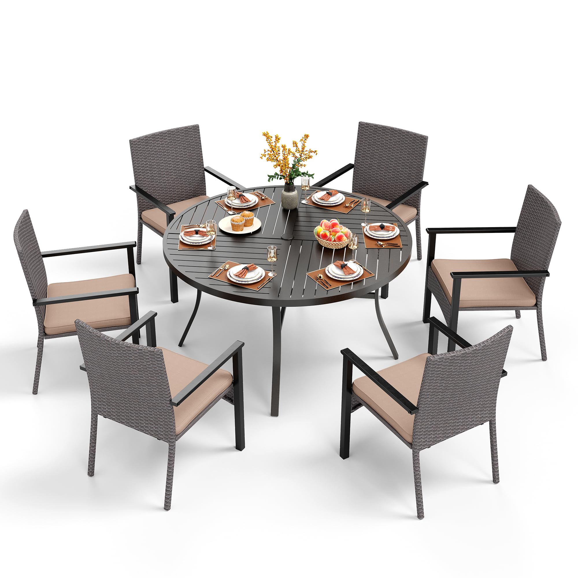 PHI VILLA 7-Piece Outdoor Patio Dining Set - Round Metal Table with Umbrella Hole & 6 Cushioned Wicker Chairs - Weather-Resistant Rattan Furniture for Garden, Backyard, Deck or Porch - Perfect for Family BBQs, Outdoor Entertaining and Summer Gatherings