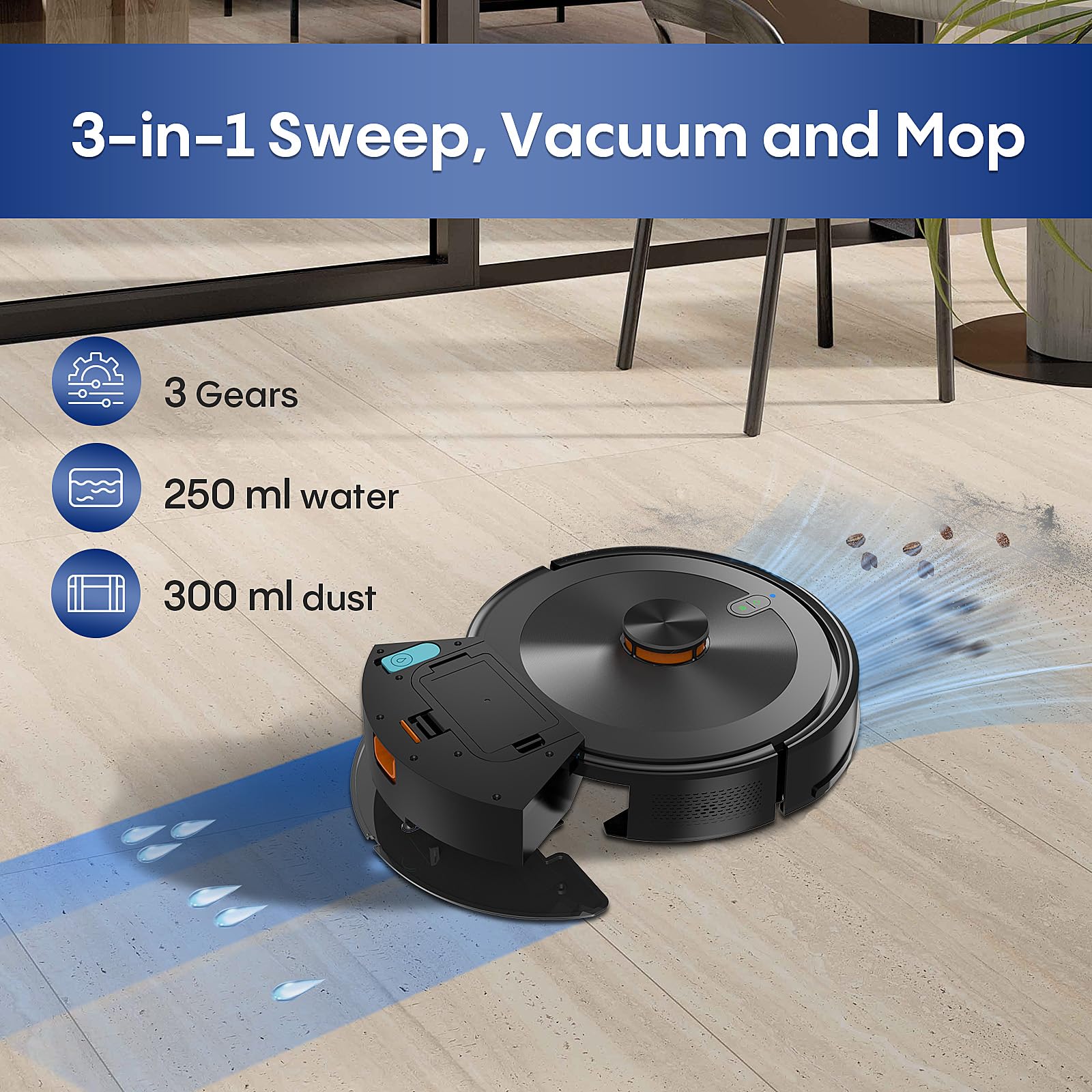 Bagotte Robot Vacuum and Mop Combo with LiDAR Navigation - 4000Pa Strong Suction, Smart Mapping & No-Go Zones - Ideal for Pet Hair, Hard Floors & Carpets - Perfect for Home Cleaning, Office Spaces & Large Areas