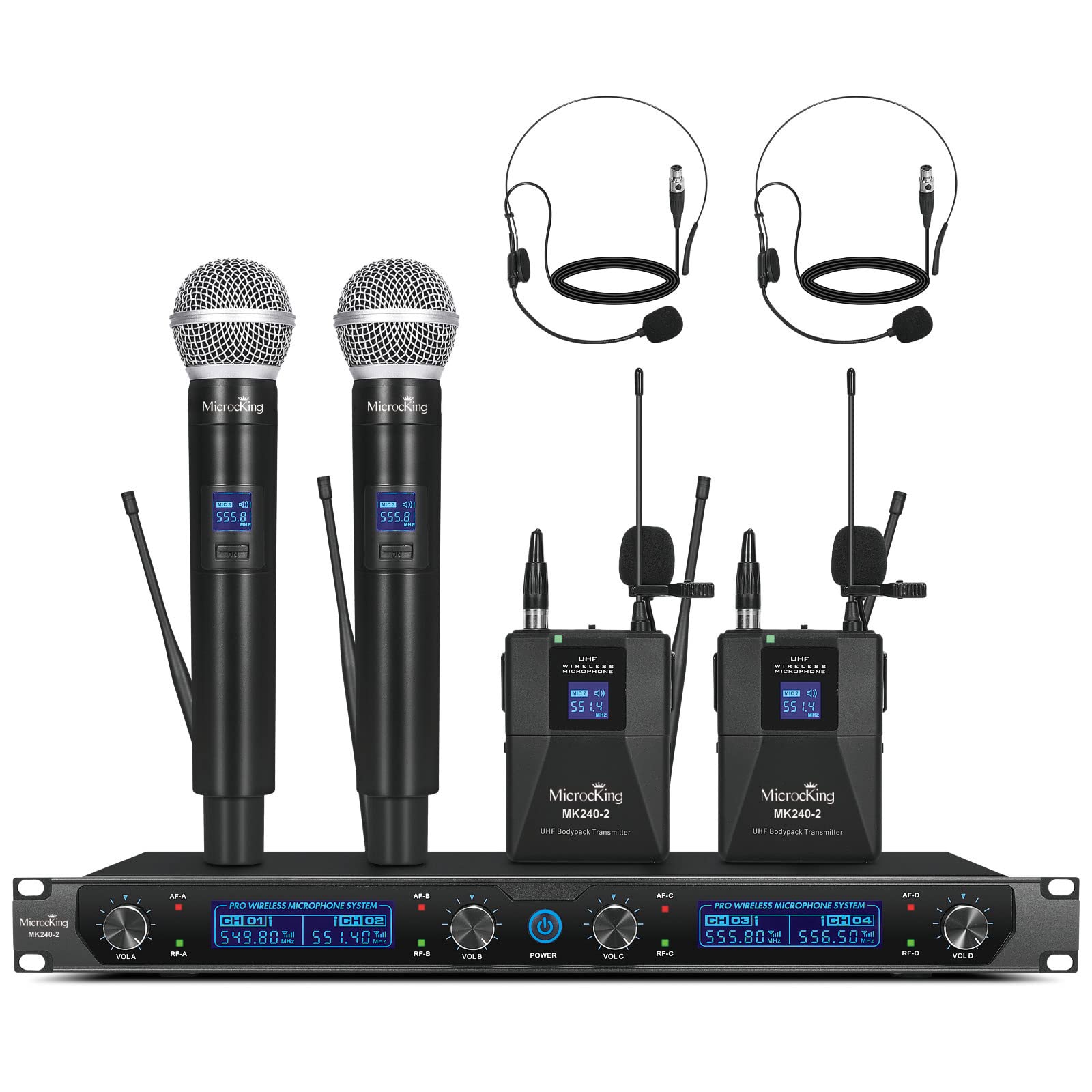 MicrocKing Professional UHF Wireless Microphone System - 2 Handheld Mics & 2 Lavalier Bodypacks, Metal Construction, Fixed Frequency, Long Range (300ft) - Perfect for Karaoke, Parties, Weddings, Concerts, Church Events & Public Speaking
