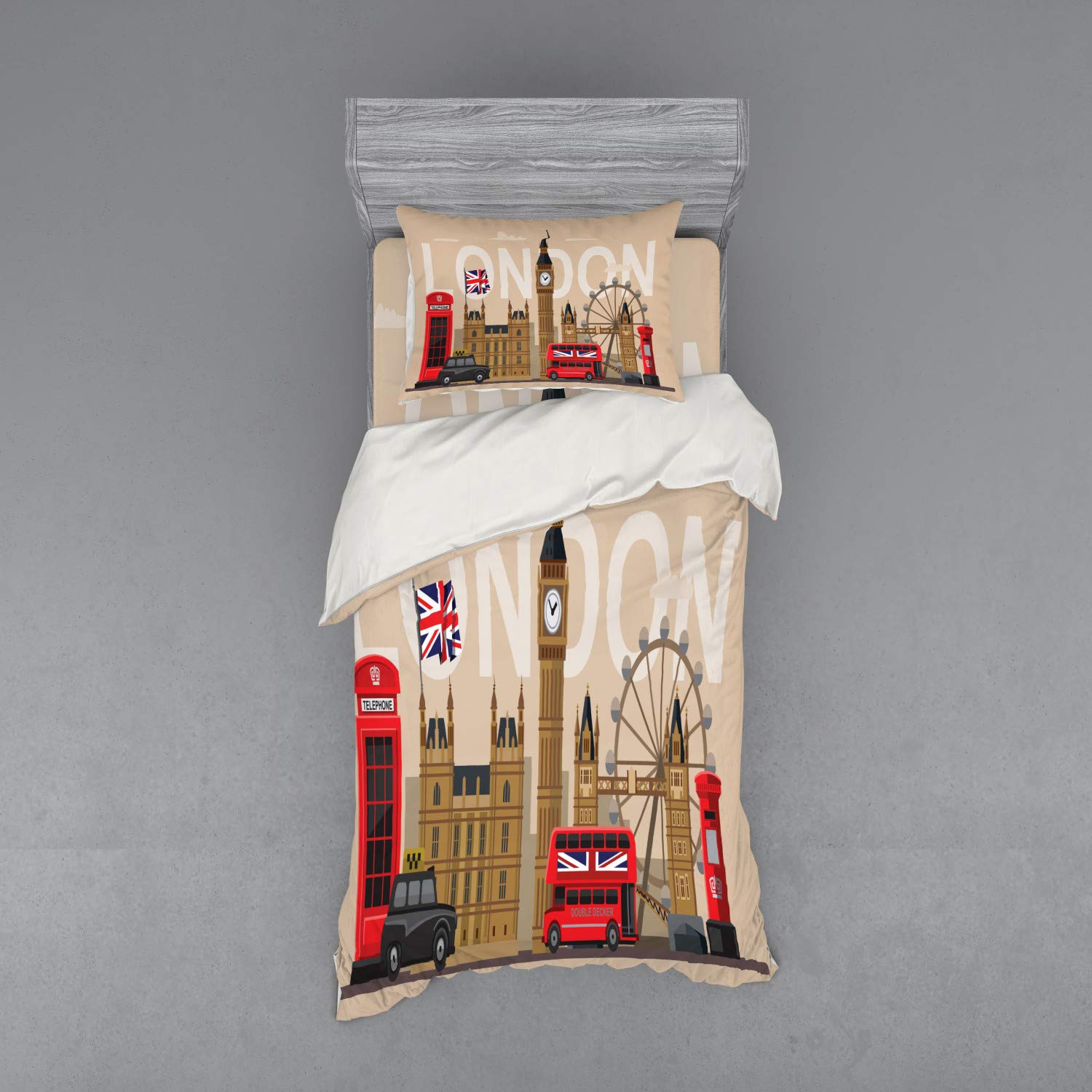 Ambesonne London Duvet Cover Set - Famous British Landmarks & Monuments Art Print, 3-Piece Bedding Set with Pillow Sham & Fitted Sheet, Twin Size, Multicolor - Perfect for Travel Enthusiasts & UK-Themed Bedrooms