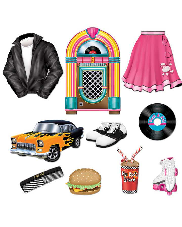 50s Vintage Style Cutout Decorations - Pack of 10 Retro Party Supplies for 1950s Themed Parties, Home Decor & Photo Backdrops